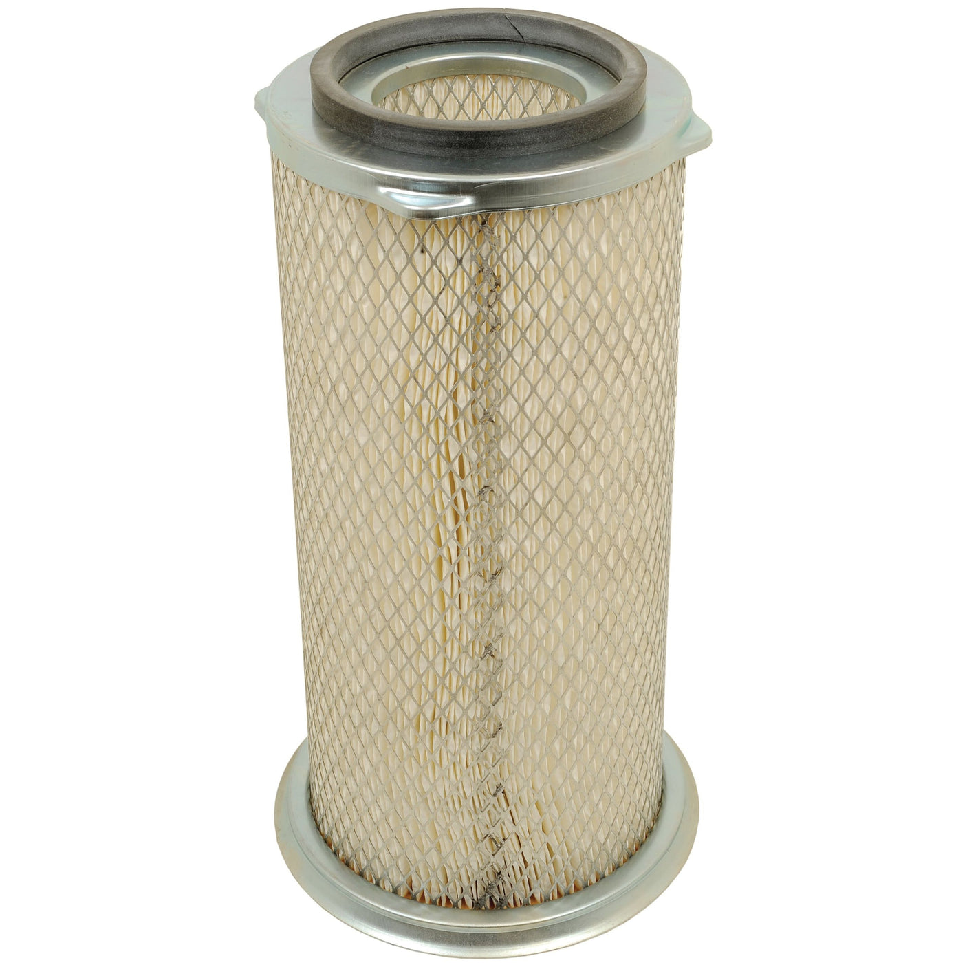 The Sparex Air Filter - Outer (AF4856M) features a cylindrical design with a metallic mesh exterior and pleated filter material inside, complemented by circular openings at both the top and bottom.