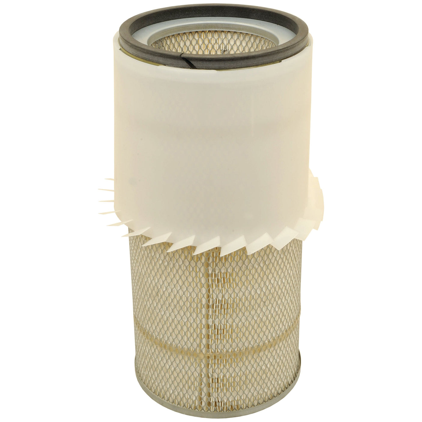 The Sparex Air Filter - Outer - AF4857KM (Sparex Part No. S.108949) features a cylindrical shape, a white plastic top, and a durable metal mesh body, making it an ideal choice for JCB FASTRAC vehicles.