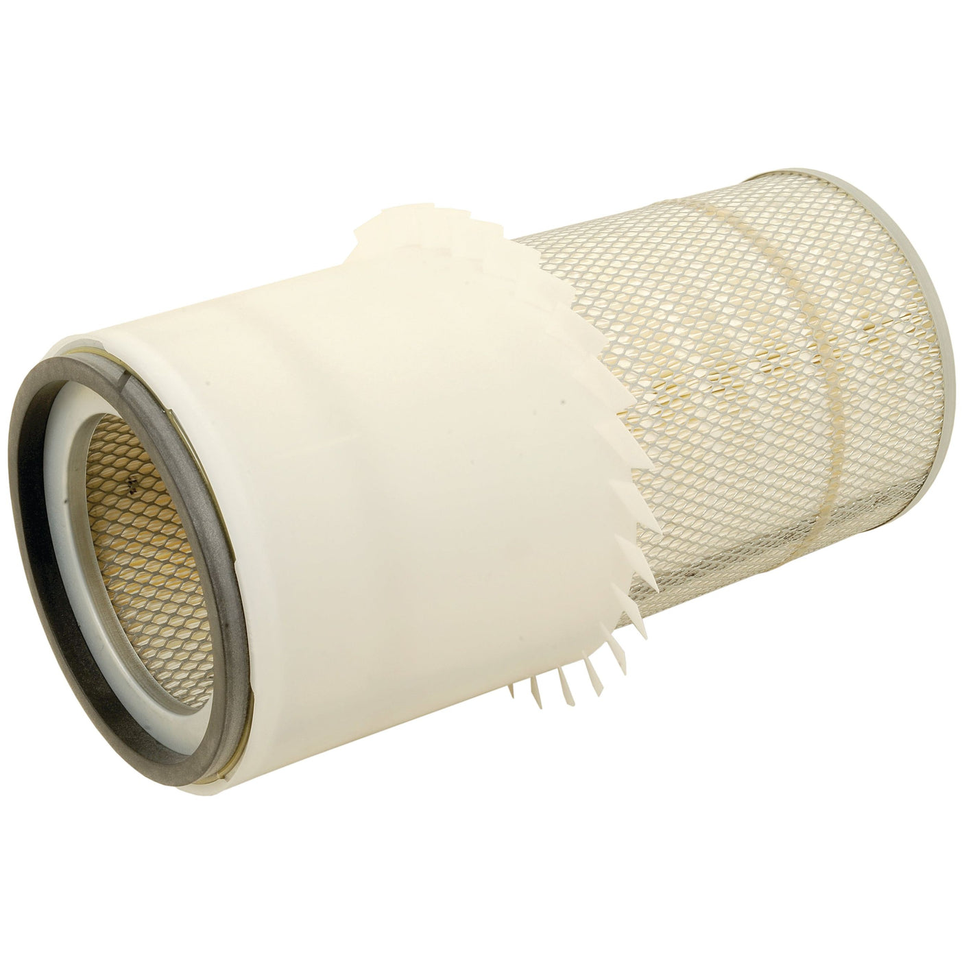 The Air Filter - Outer - AF4857KM (Sparex Part No. S.108949) by Sparex features a white plastic housing with a mesh interior. It comes equipped with a rubber seal on one end and a textured surface on the other, ensuring reliability for demanding applications.