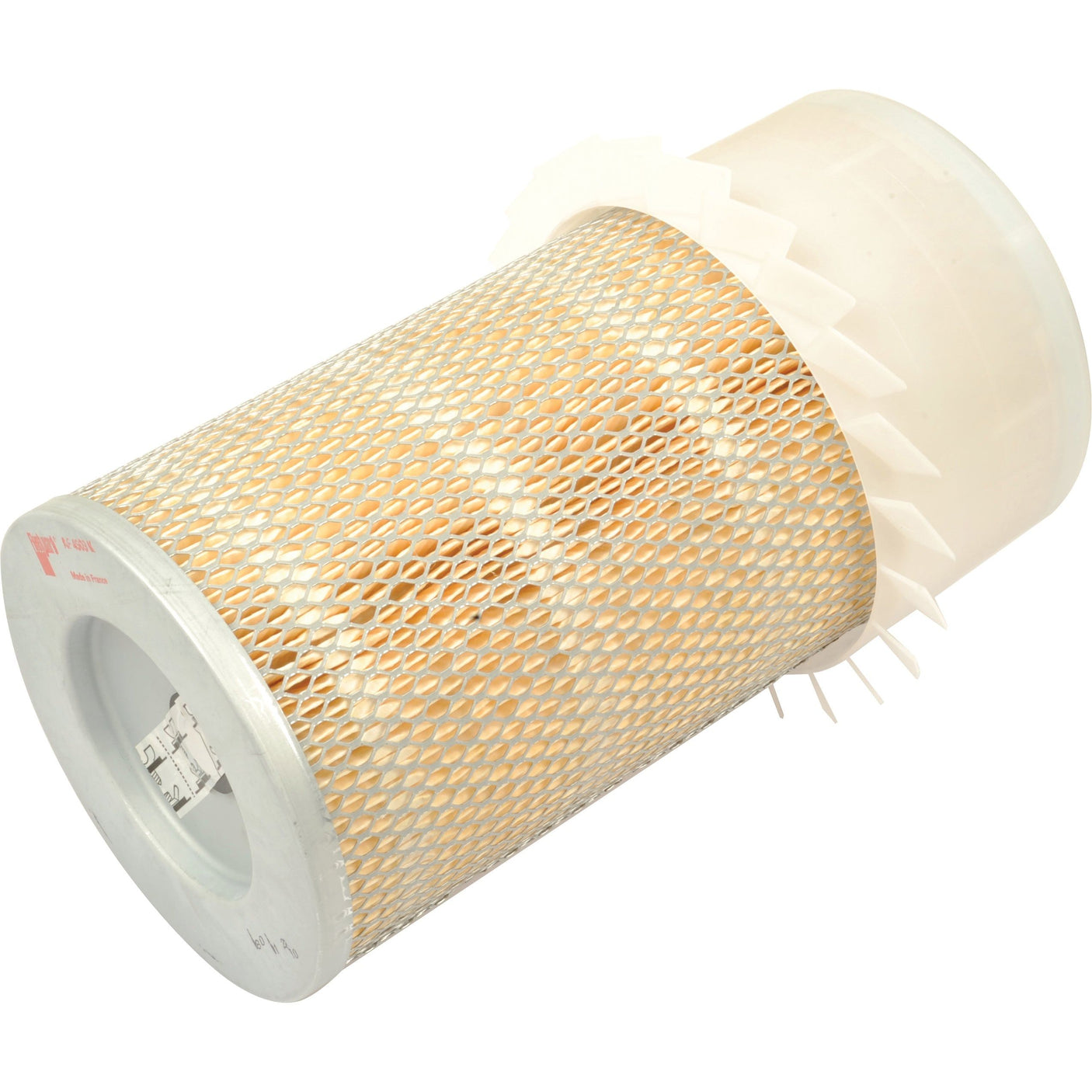 The Sparex Air Filter - Outer - AF4909K (Sparex Part No. S.108960) is a cylindrical air filter featuring a metal mesh exterior and a white plastic base, designed for compatibility with the Manitou MLT523.