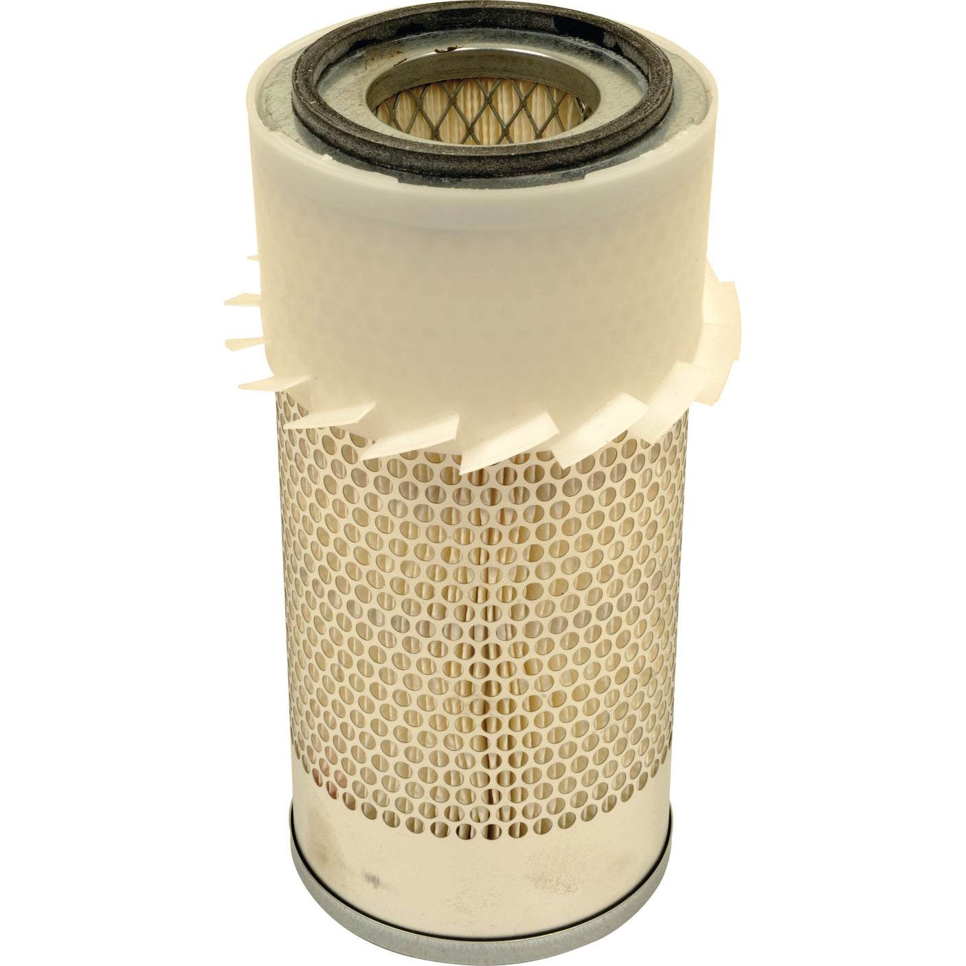 The Sparex Air Filter - Outer - AF807K (Sparex Part No. S.108970) features a cylindrical design with a metal mesh exterior and a white plastic top and bottom, allowing the interior component to be clearly visible through the mesh.