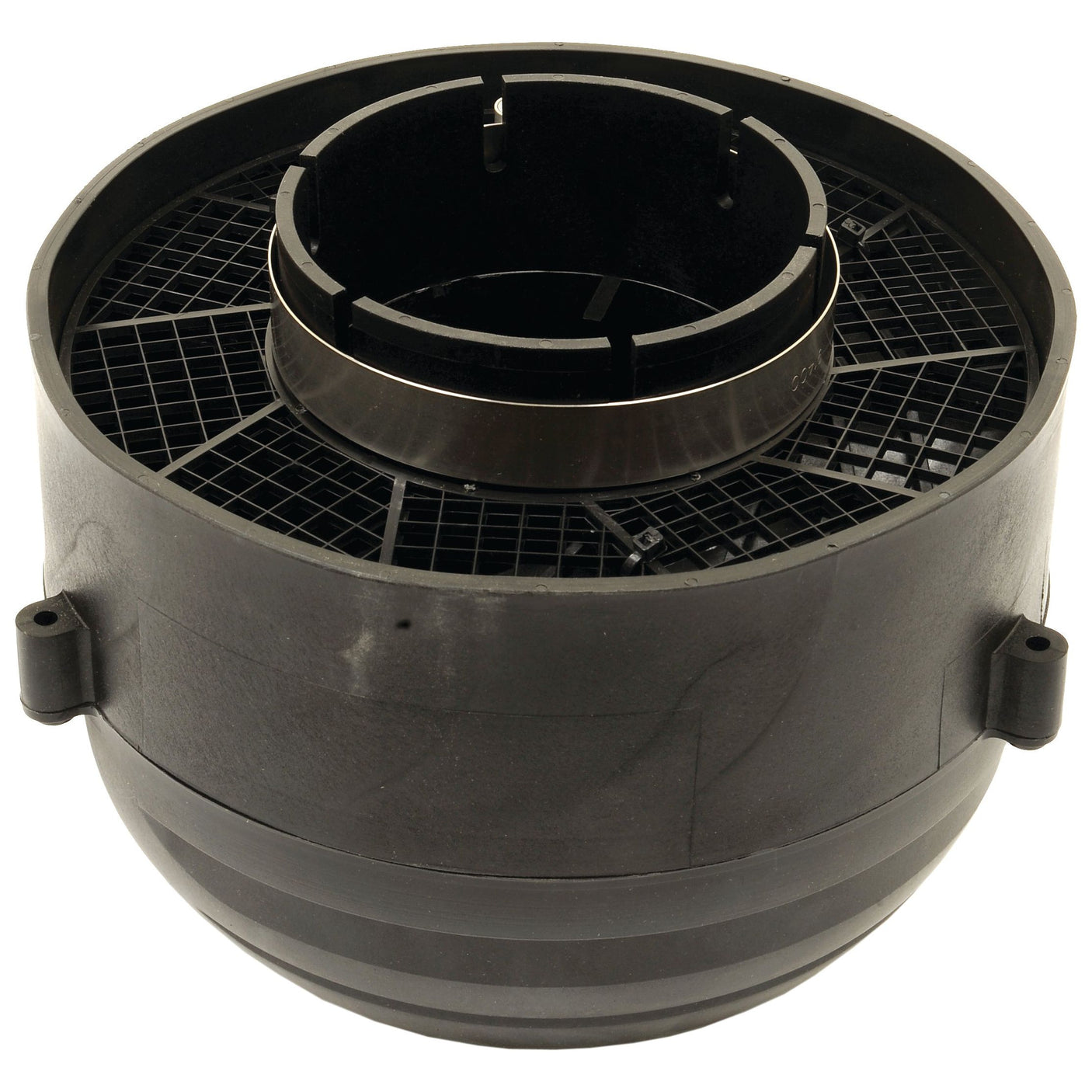 A Fleetguard Pre Cleaner AP8403 (Sparex Part No.S.109001) from the brand Sparex, featuring a black cylindrical plastic design with a grid-lined center and three mounting points on the sides.