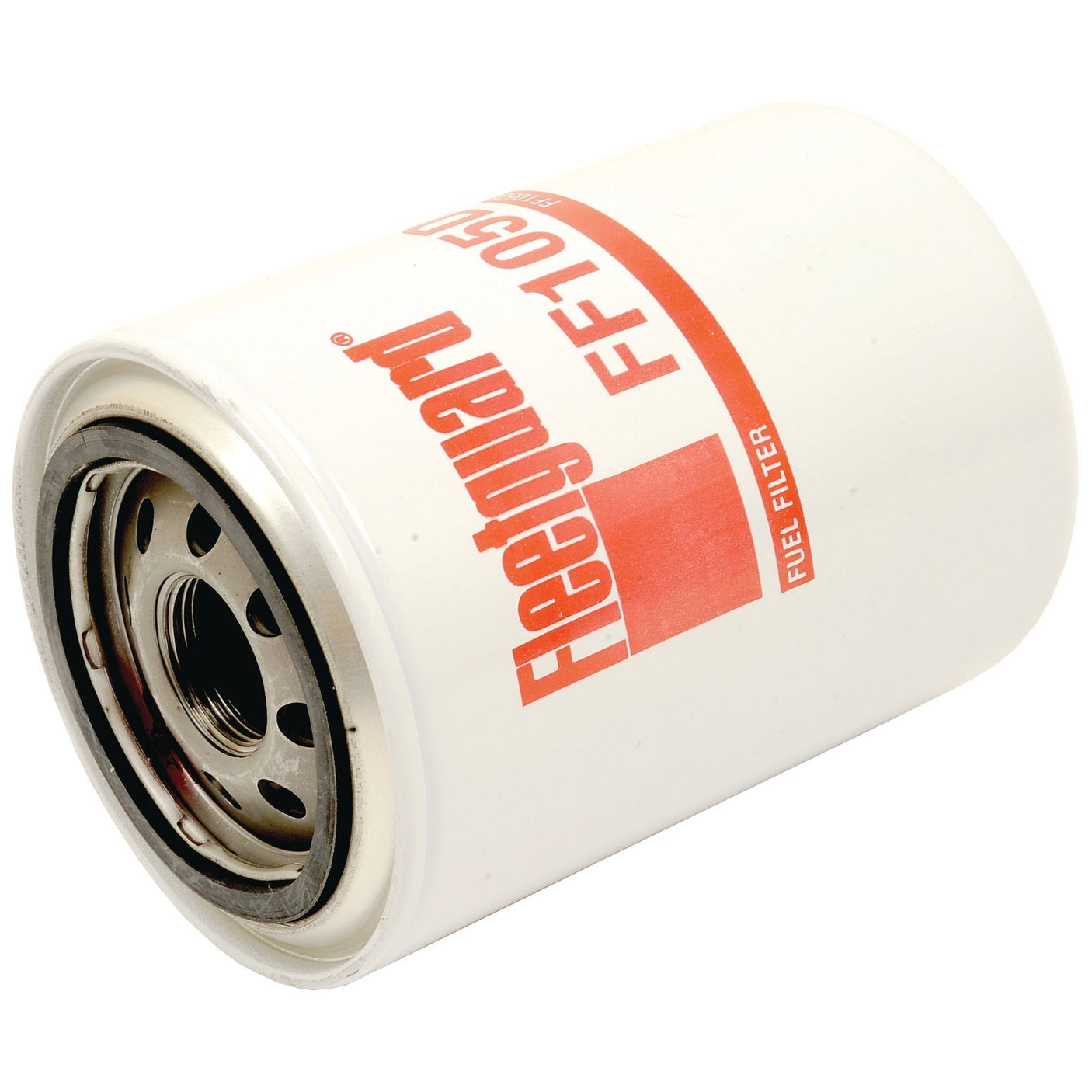 Sparex Fuel Filter - Spin On - FF105D (Sparex Part No.S.109008) with white cylindrical design, red text, metal fittings, and compatible with John Deere equipment.