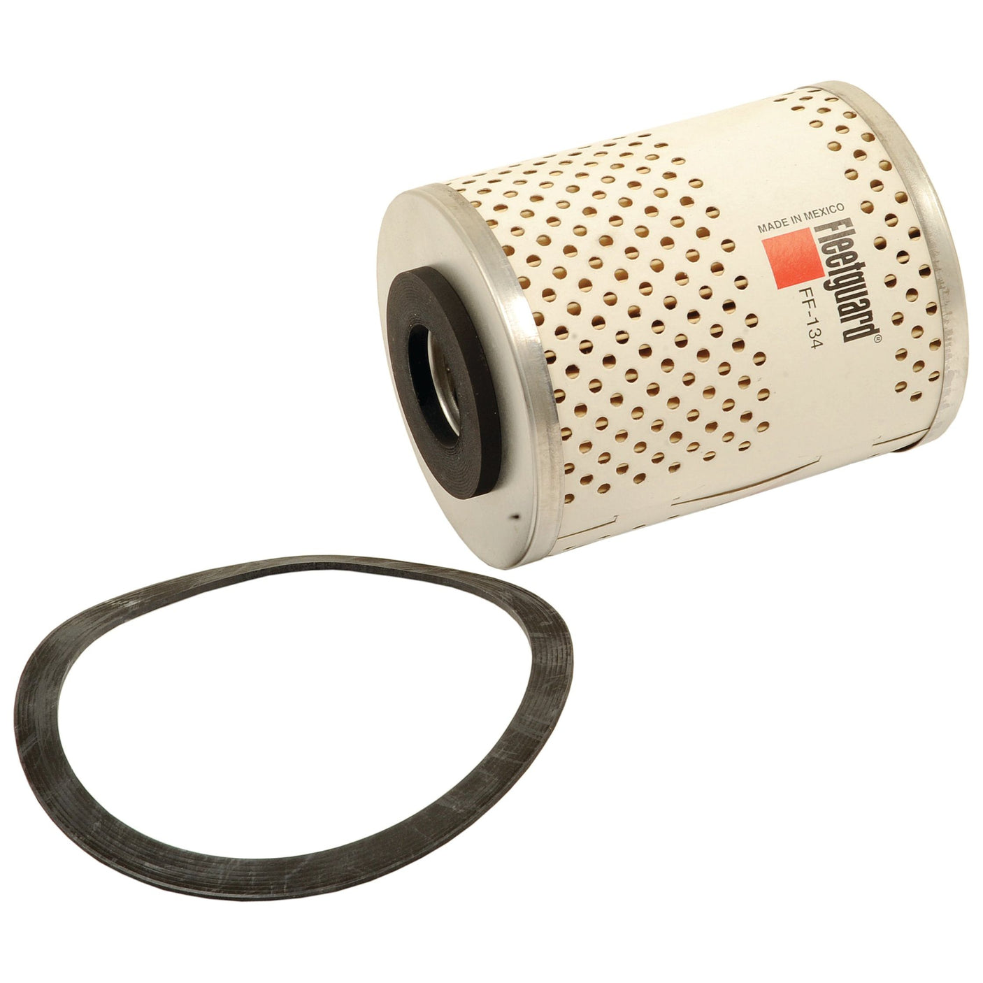 A cylindrical fuel filter element and a rubber gasket are shown. The filter, identified as Sparex FF134 (Sparex Part No. S.109016), features a perforated white exterior and a label on its side.