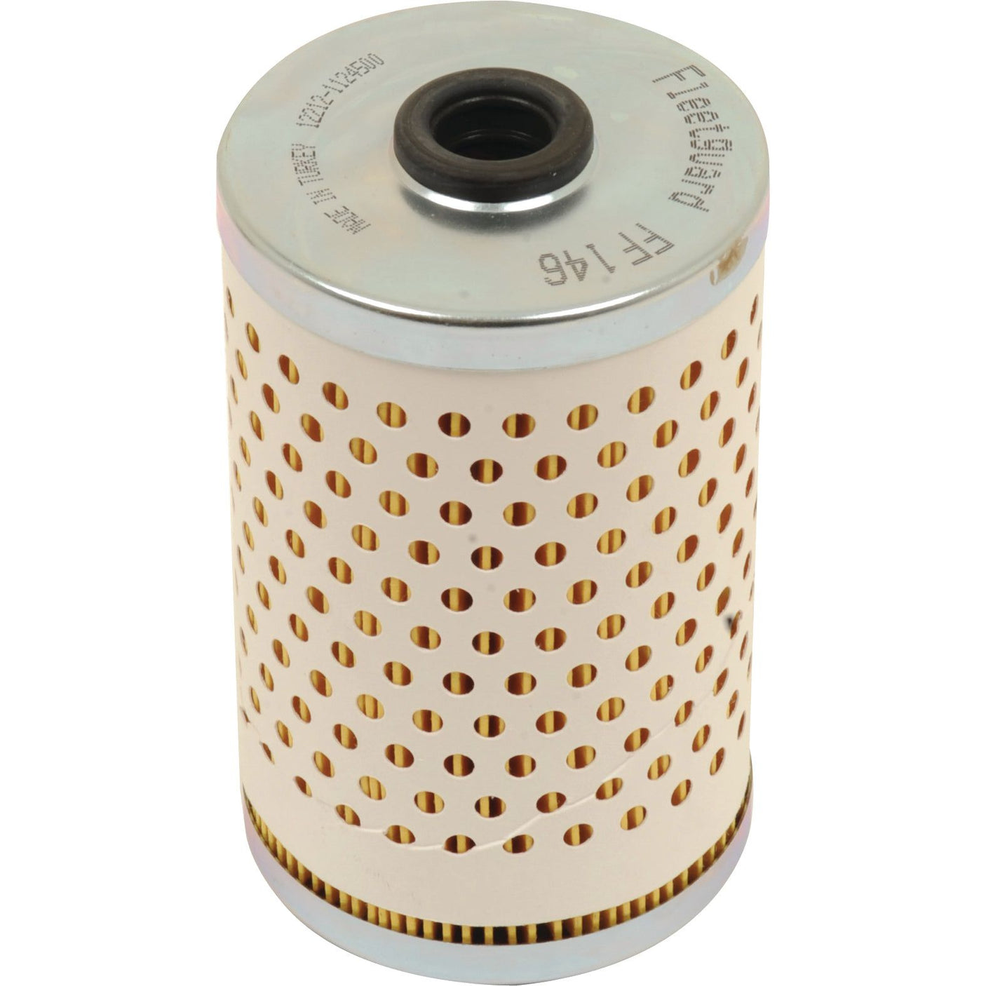 The Fuel Filter - Element - FF146 from Sparex (Sparex Part No.S.109019) is a cylindrical unit made of metal and paper with perforated holes, a metal top featuring a central hole, and printed specifications.