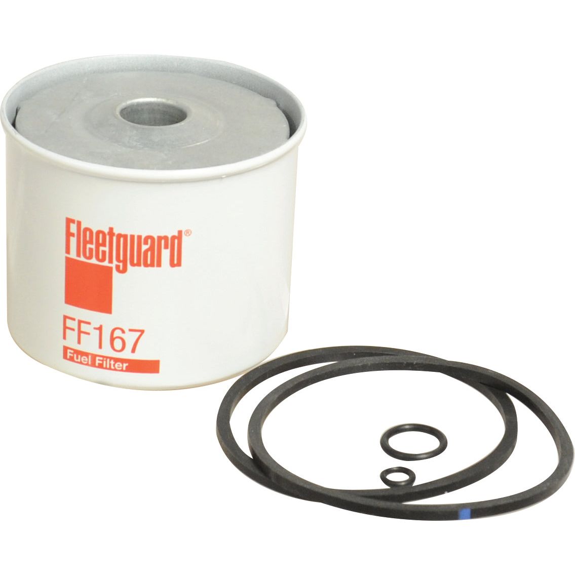 The Sparex Fuel Filter - Element - FF167A (Sparex Part No. S.109023), compatible with Case IH equipment, comes with three accompanying rubber O-rings of different sizes.