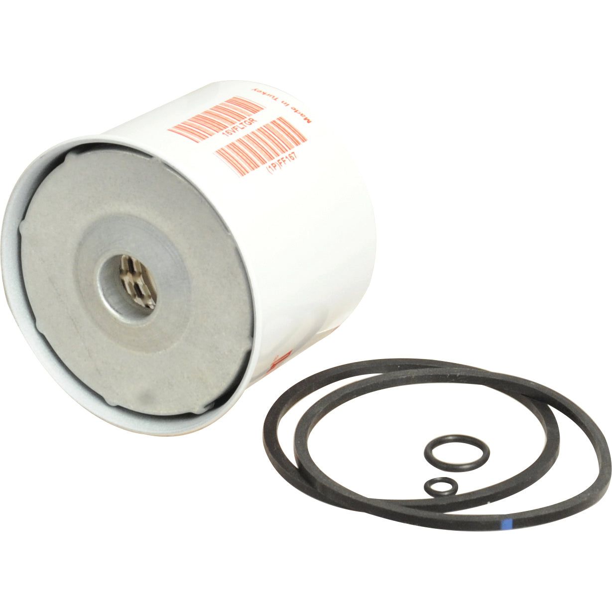 A cylindrical Sparex Fuel Filter - Element - FF167A (Sparex Part No. S.109023) with a barcode on its exterior is shown alongside various sizes of O-rings, embodying Fleetguard's precision engineering.