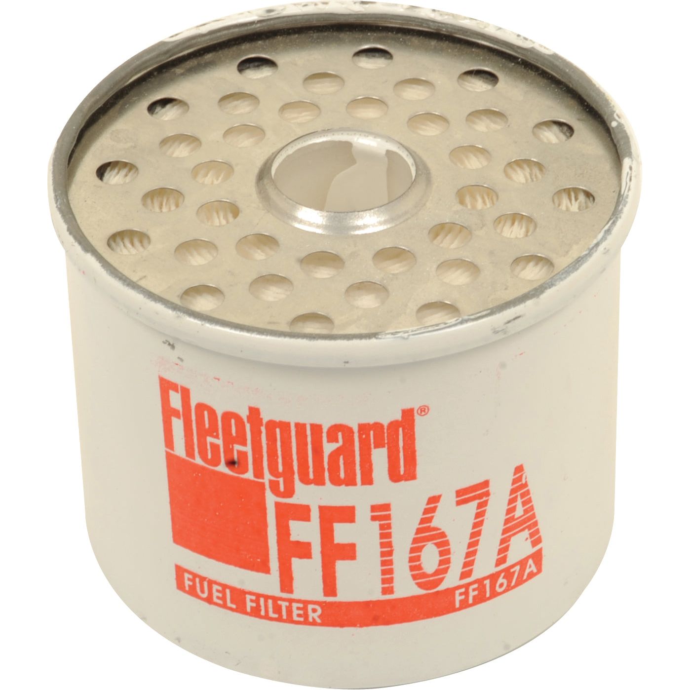 Image of a cylindrical Sparex fuel filter (Part No. S.109024), model FF167A, featuring a metal top with multiple small circular holes and printed text on the side. Ideal for Case IH equipment, this high-quality fuel filter ensures optimal performance.