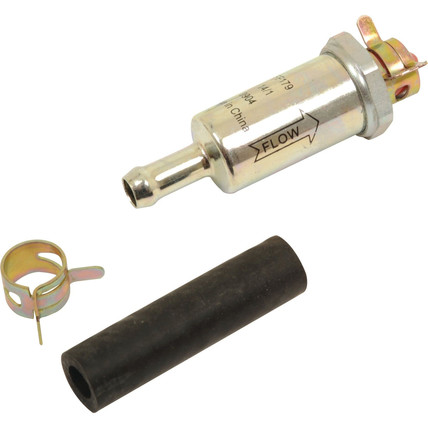 A Sparex Fuel Filter - Element - FF179 (Sparex Part No.S.109026), rubber hose, and clamp isolated on a white background.