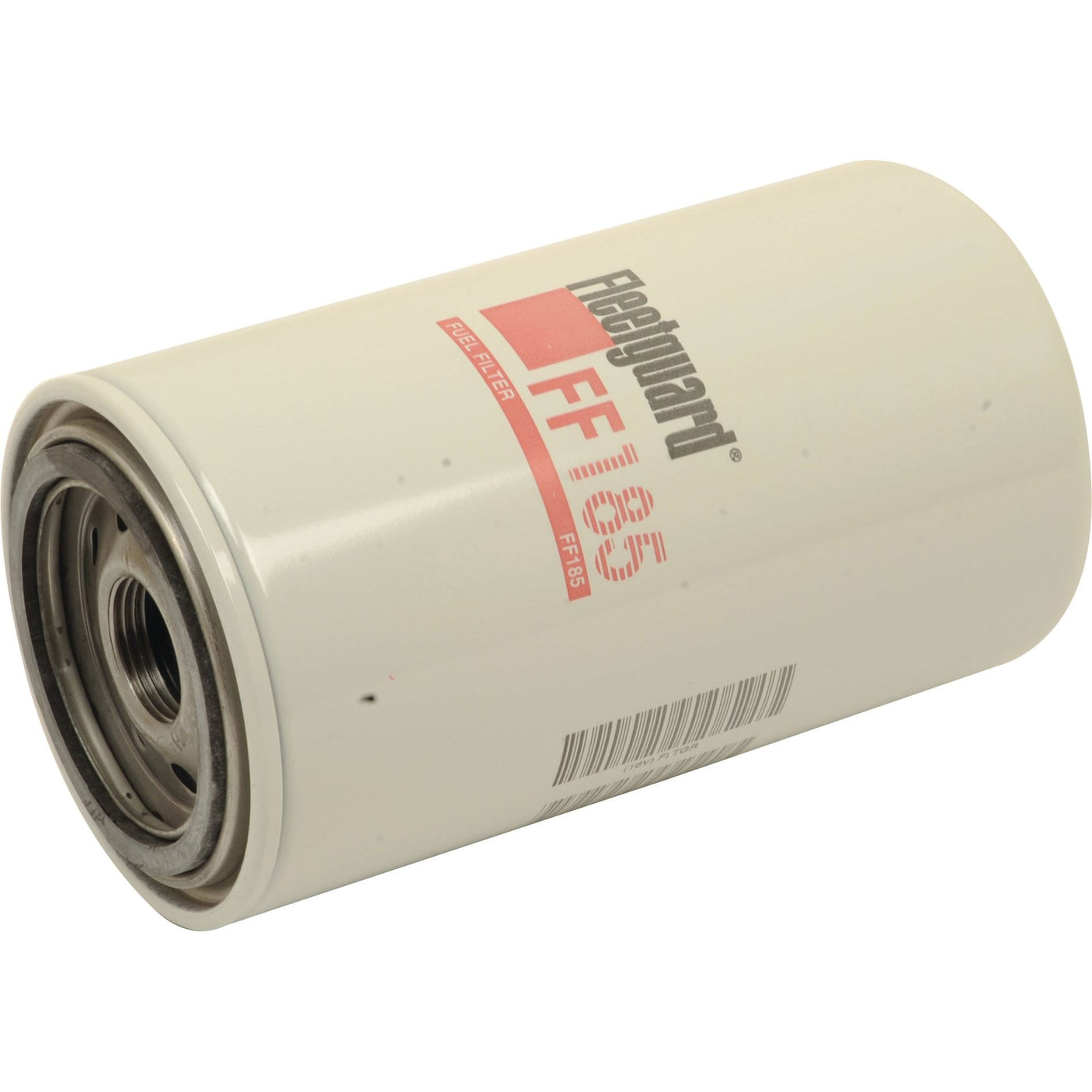 Close-up of a white cylindrical fuel filter with "Sparex FF185" printed in red and black text. The filter, suitable for Case IH, features a threaded opening for installation.