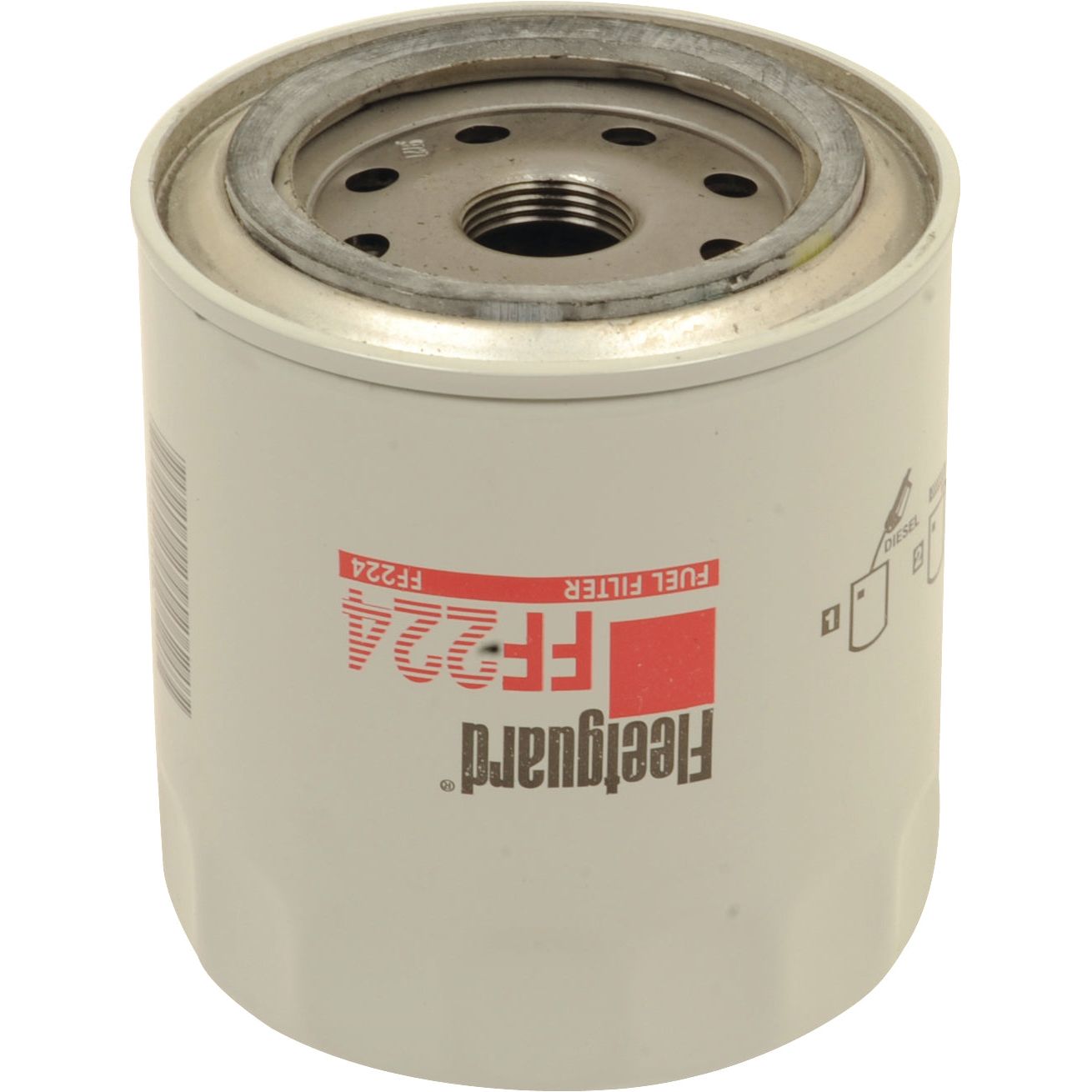 A white cylindrical fuel filter labeled "Fuel Filter - Spin On - FF224," identified by Sparex Part No. S.109039, features a spin-on design for easy installation and maintenance.