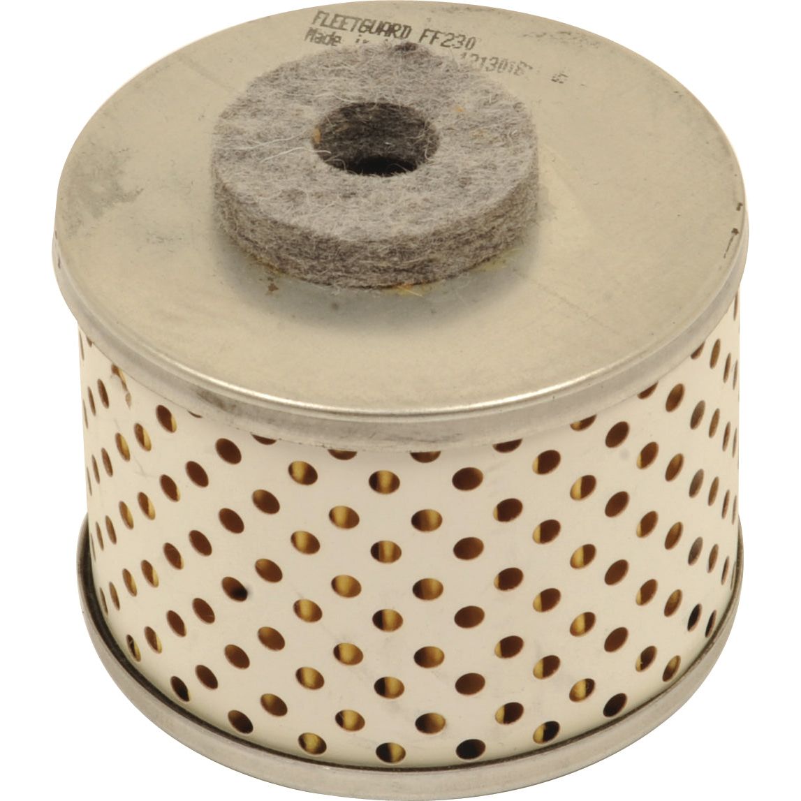 The Sparex Fuel Filter - Element - FF230 (Sparex Part No. S.109040) features a cylindrical design with a perforated metal casing and felt-like material on top.