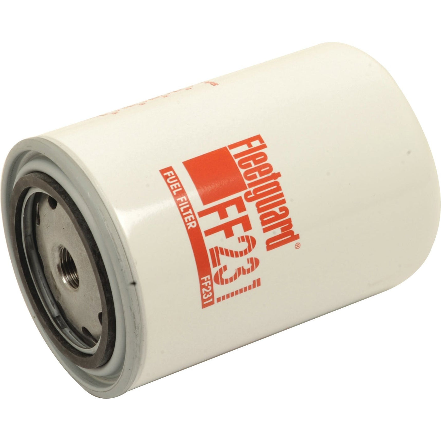 A Spin On Fuel Filter (FF231) from Sparex, designed for Claas JAGUAR, featuring a cylindrical white body with red text.