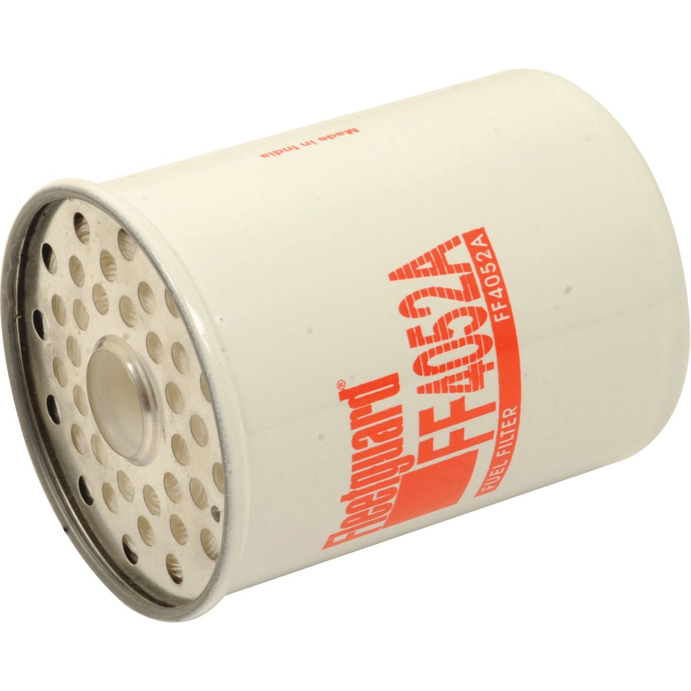 A cylindrical fuel filter, model FF4052A by Sparex (Sparex Part No. S.109045), featuring a white body with red text indicating the brand and multiple small holes on the top, likely part of the filtration mechanism.