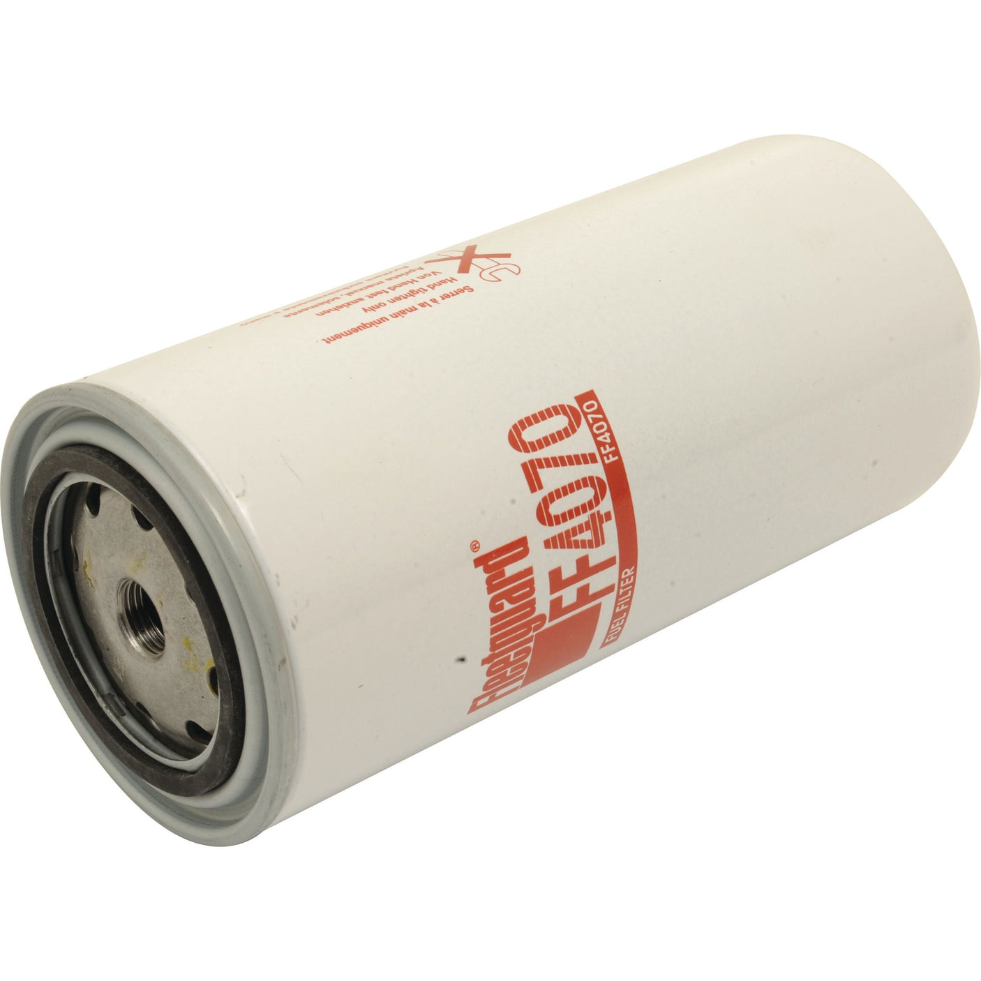 A white cylindrical Fuel Filter - Spin On - FF4070, featuring a red logo and serial number "FF4010" printed on its side, from the Sparex brand (Sparex Part No. S.109046), known for its quality comparable to Fleetguard FF4070.