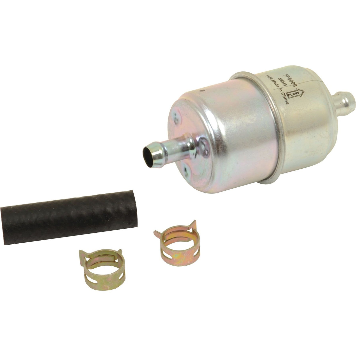 A metallic Sparex Fleetguard Fuel Filter - In Line with a short black hose and two metal clamps, displayed on a white background.