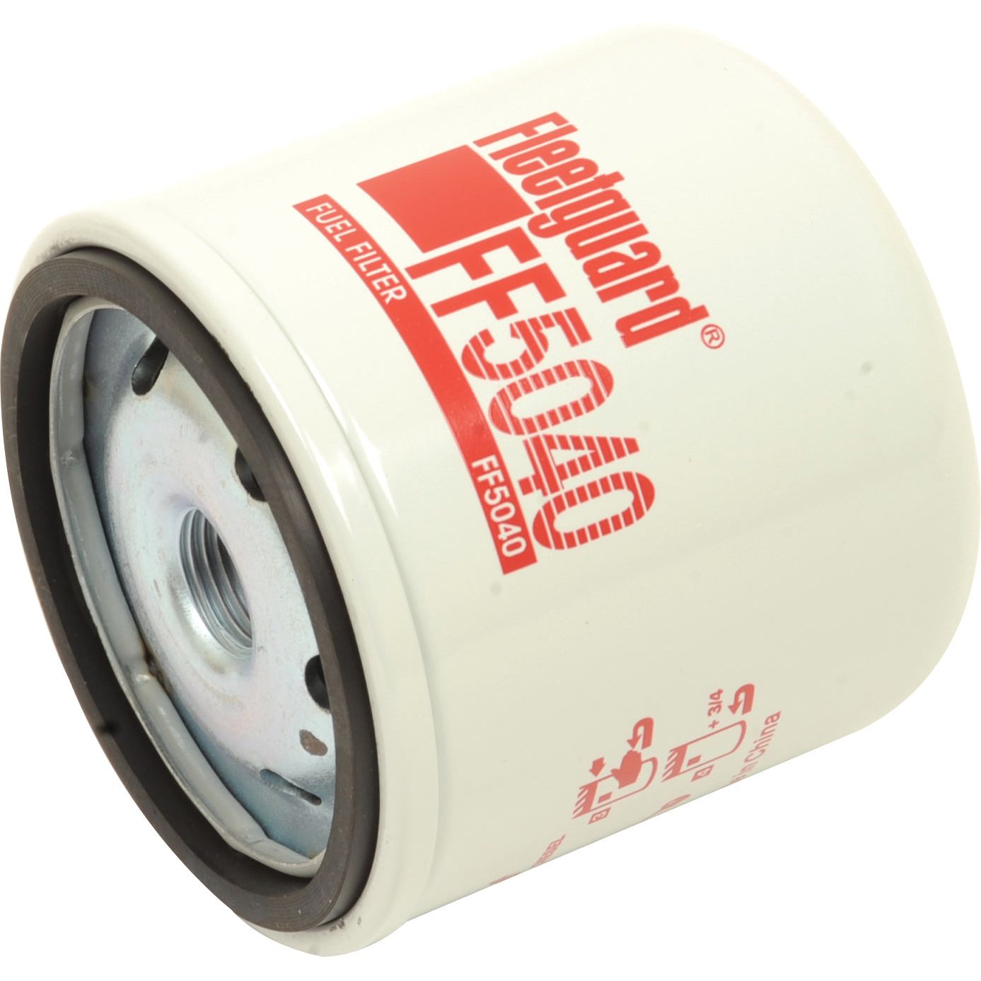 Image of a Sparex Fuel Filter - Spin On - FF5040 (Sparex Part No. S.109053) laying on its side. The cylindrical filter features a sleek white casing complemented by bold red lettering.