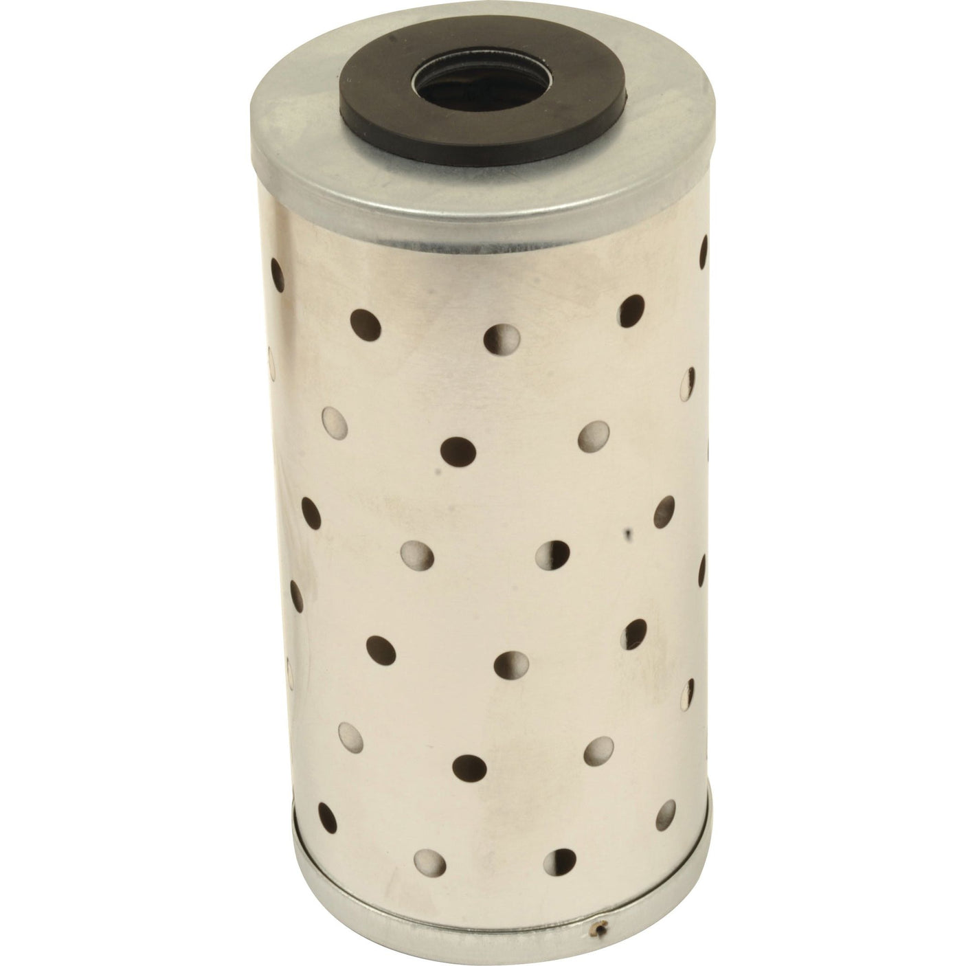 A cylindrical metal filter cartridge with multiple holes and a central black rubber gasket on top, similar to the Sparex Fuel Filter - Element - FF5064 (Sparex Part No.S.109056).