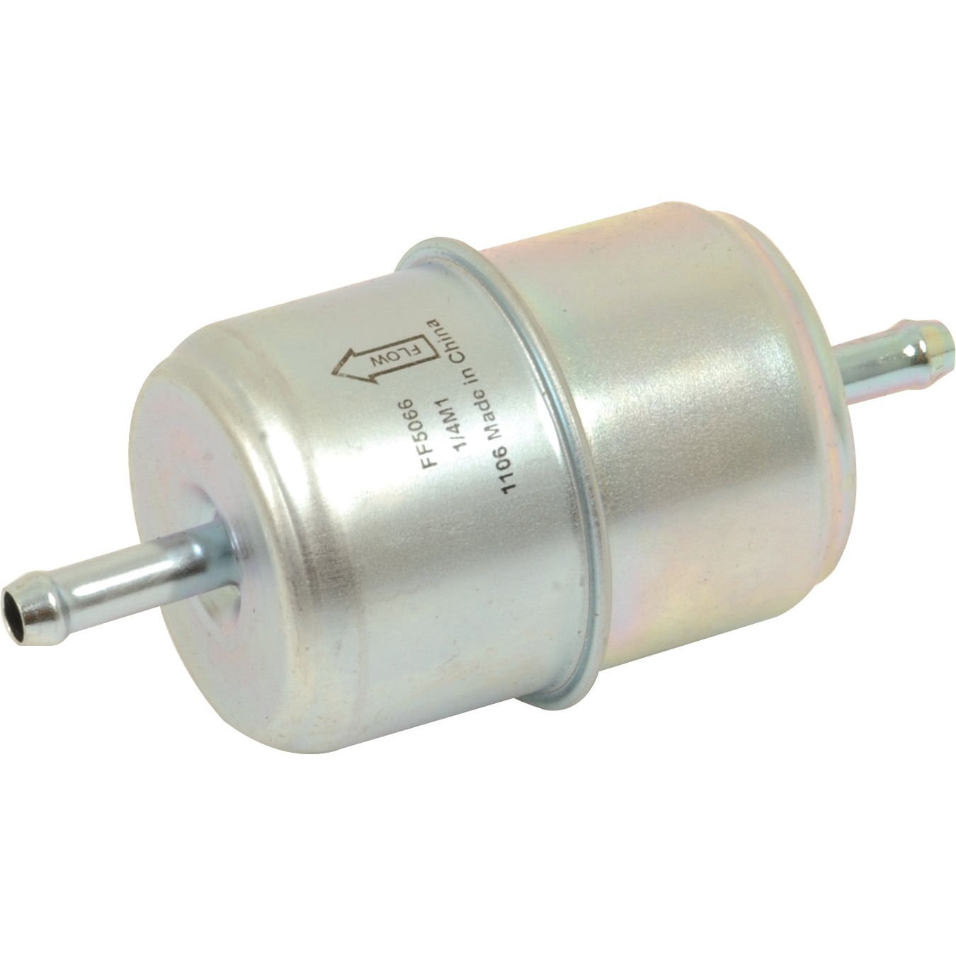 A Sparex Fuel Filter - In Line (Sparex Part No. S.109057) is a high-quality cylindrical metal filter featuring inlet and outlet ports, an arrow indicating flow direction, and text marked as "FF5056, 1FAM1, 1106 made in China." This premium Case IH fuel filter ensures optimal performance for your machinery.