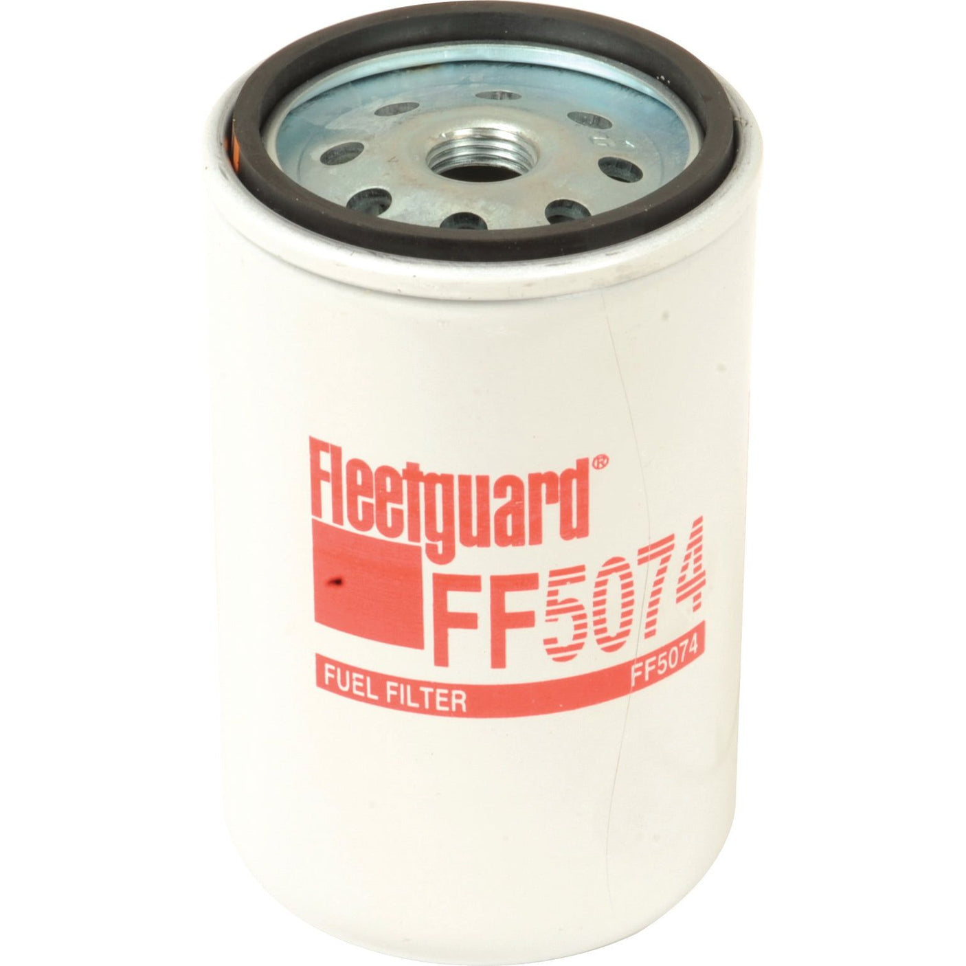 A white cylindrical Sparex Fuel Filter - Spin On - FF5074 (Sparex Part No. S.109059) with a metal top and branding text in red.