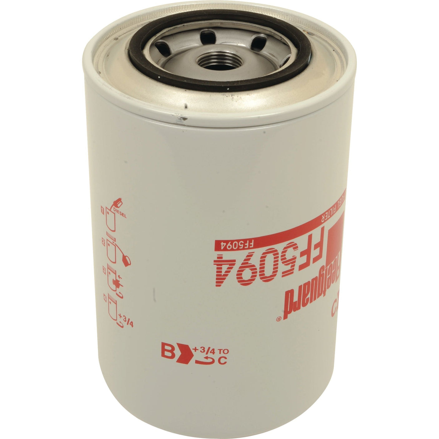 White fuel filter with a black seal and red text printed on the side, including diagrams and the model number "S.109061" by Sparex.