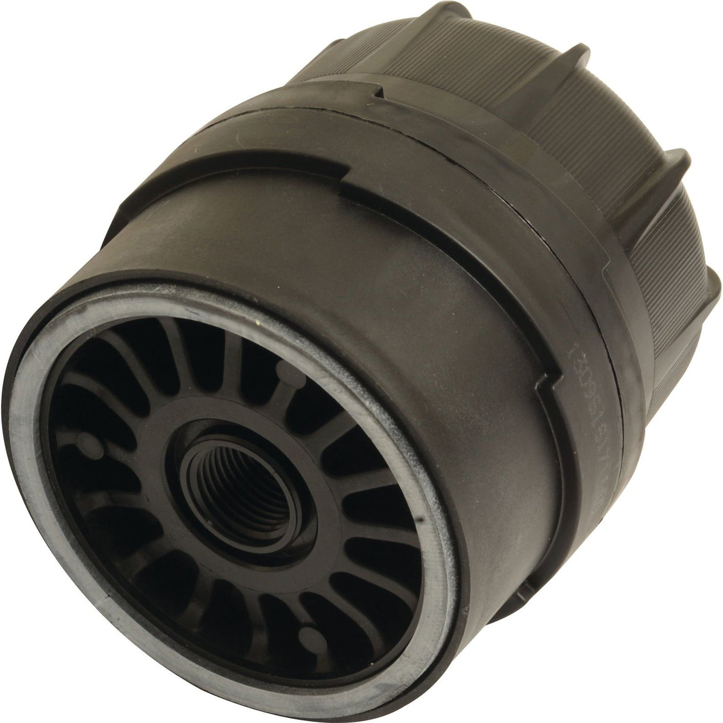 Close-up of a black mechanical part, featuring a circular, ribbed design and an inner threaded section, resembling the precision seen in the Sparex Fuel Filter - Spin On - FF42002 (Sparex Part No. S.109062).