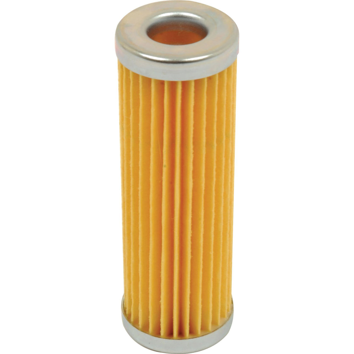 A cylindrical, pleated yellow air filter with metallic ends, designed for use in machinery and compatible with Kubota engines, known as the Sparex Fuel Filter - Element - FF5104 (Sparex Part No. S.109065).