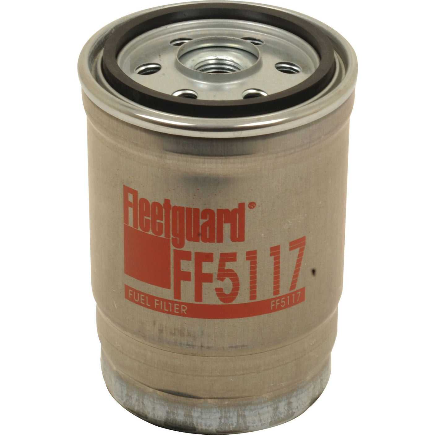 A Sparex Fleetguard FF5117 spin-on fuel filter (Sparex Part No.S.109068) with a metallic finish and red text labeling, designed for an automotive fuel system.