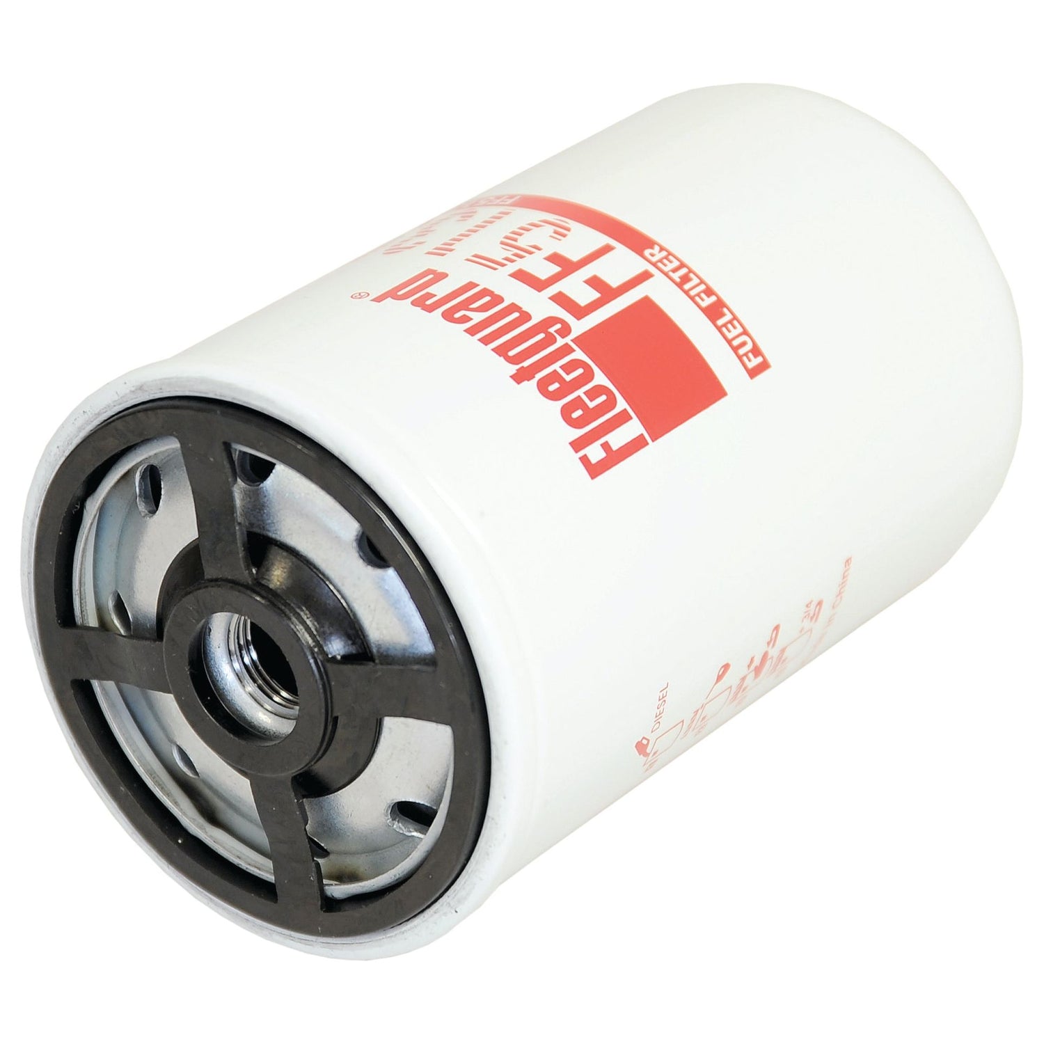 The Sparex Fuel Filter - Spin On - FF5135 (Sparex Part No. S.109069) is a white cylindrical filter featuring black and red text, along with a metal threaded center, specifically designed for Case IH machinery.