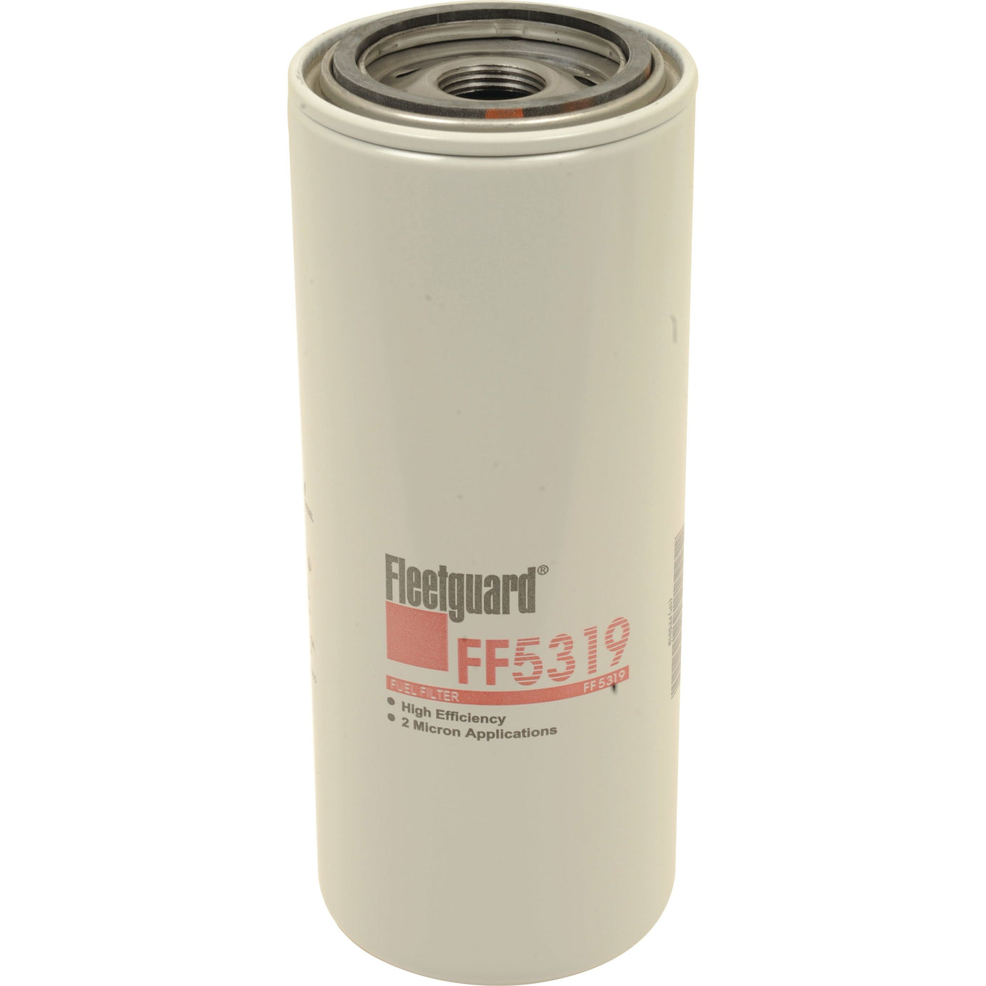 A Sparex Fuel Filter - Spin On - FF5319 (Sparex Part No. S.109081) featuring a white body with a metallic top and black text that outlines its high efficiency and 2-micron filtration capabilities.