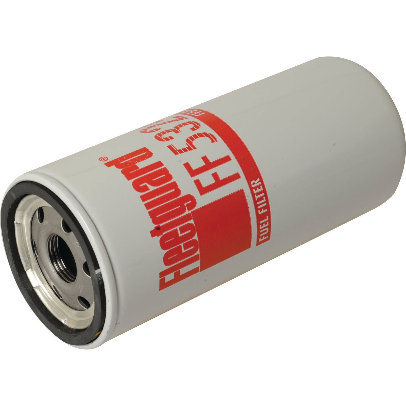 A cylindrical Sparex Fuel Filter - Spin On - FF5324 (Sparex Part No. S.109082) with a white body and red labeling, designed for filtration in fuel systems.