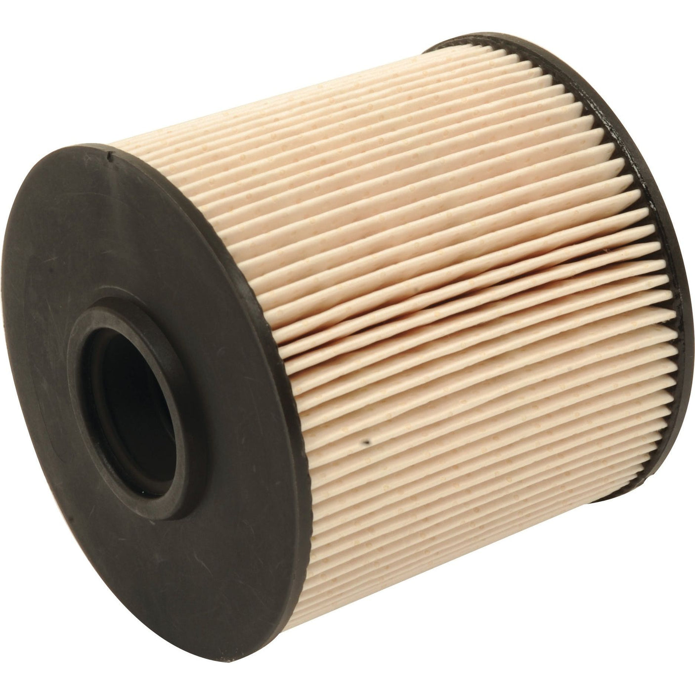 Cylindrical pleated air filter with black circular end caps, positioned on a white background, resembling the precision of the Sparex Fuel Filter - Element - FF5380 (Sparex Part No. S.109083).