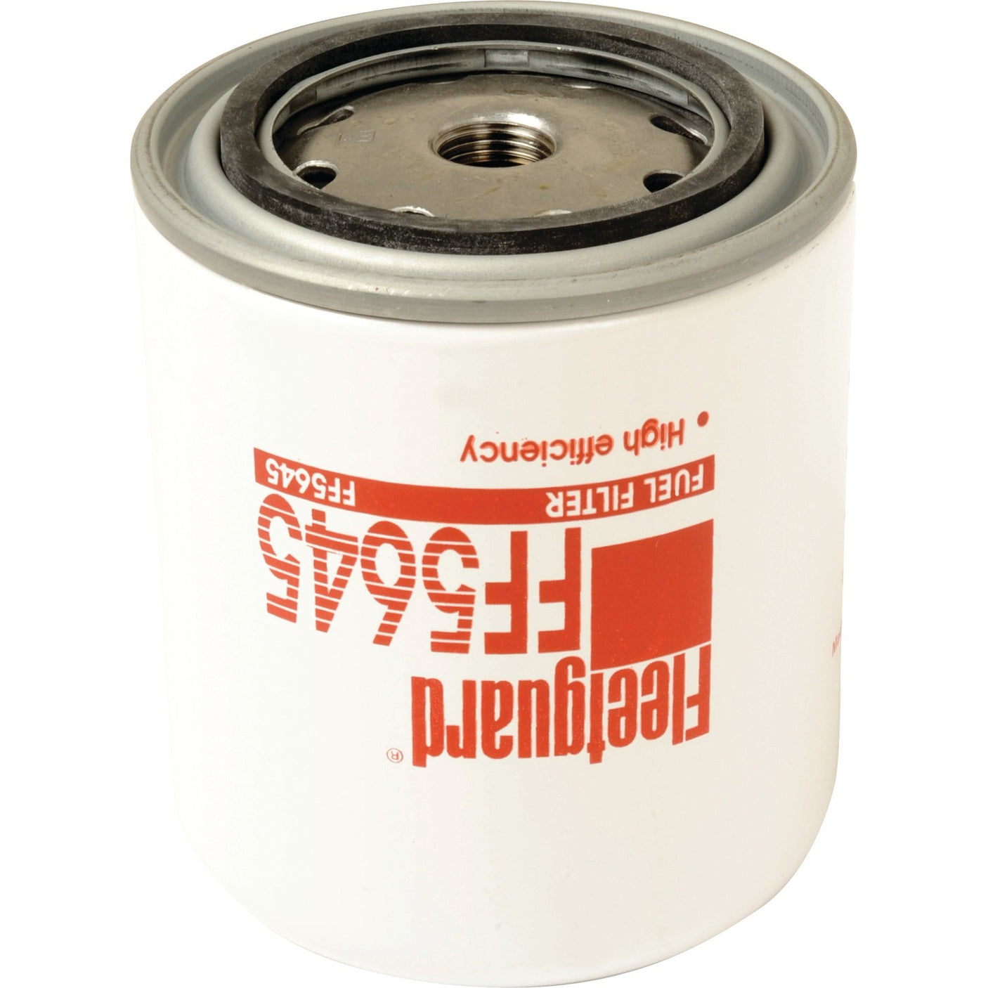 A white cylindrical Sparex spin-on fuel filter with a metal top edge and threaded center hole. The brand name and product code, FF5645, are printed on the side in red, upside down.