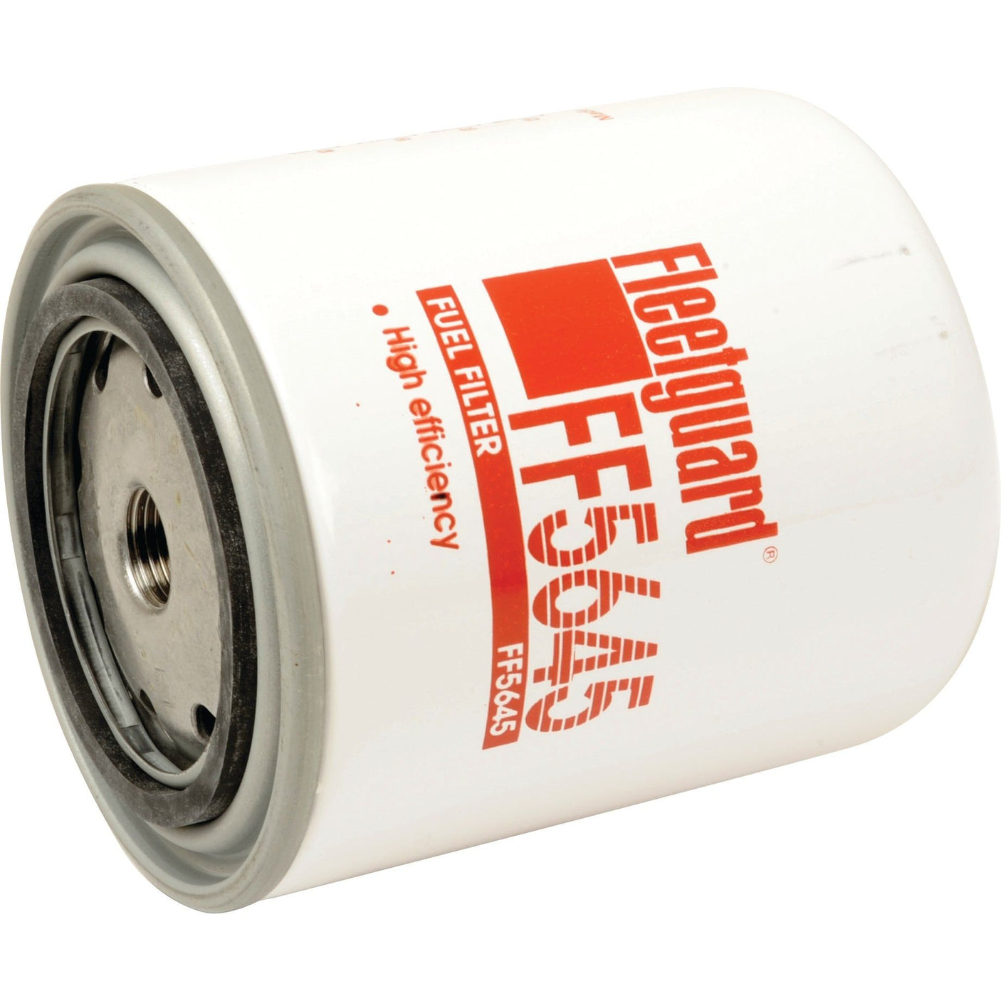 A white cylindrical fuel filter, labeled "Fuel Filter - Spin On - FF5645" from Sparex, boasts high efficiency. This FF5645 Spin On fuel filter is designed for optimal performance.