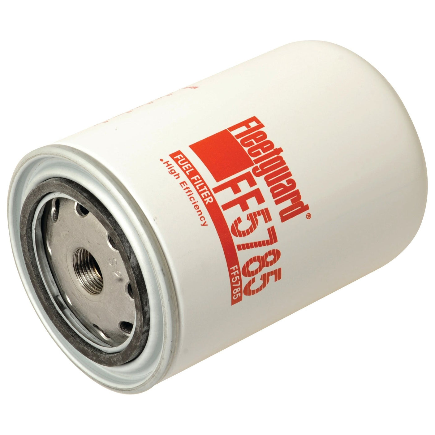 A cylindrical white fuel filter labeled "Sparex S.109105" with red text indicating "Fuel Filter" and "High Efficiency," similar in quality to the Fleetguard FF5785.