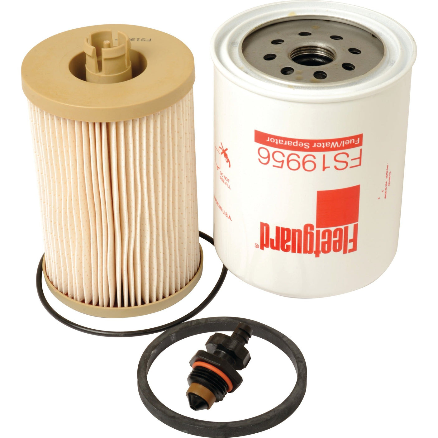 A fuel filter set, which includes a pleated filter, a cylindrical white filter labeled "FS19956," a ring gasket, and a small black plastic component. This Sparex product (Sparex Part No.S.109106), compatible with John Deere machinery, ensures optimal performance according to Fleetguard FK48001 specifications.