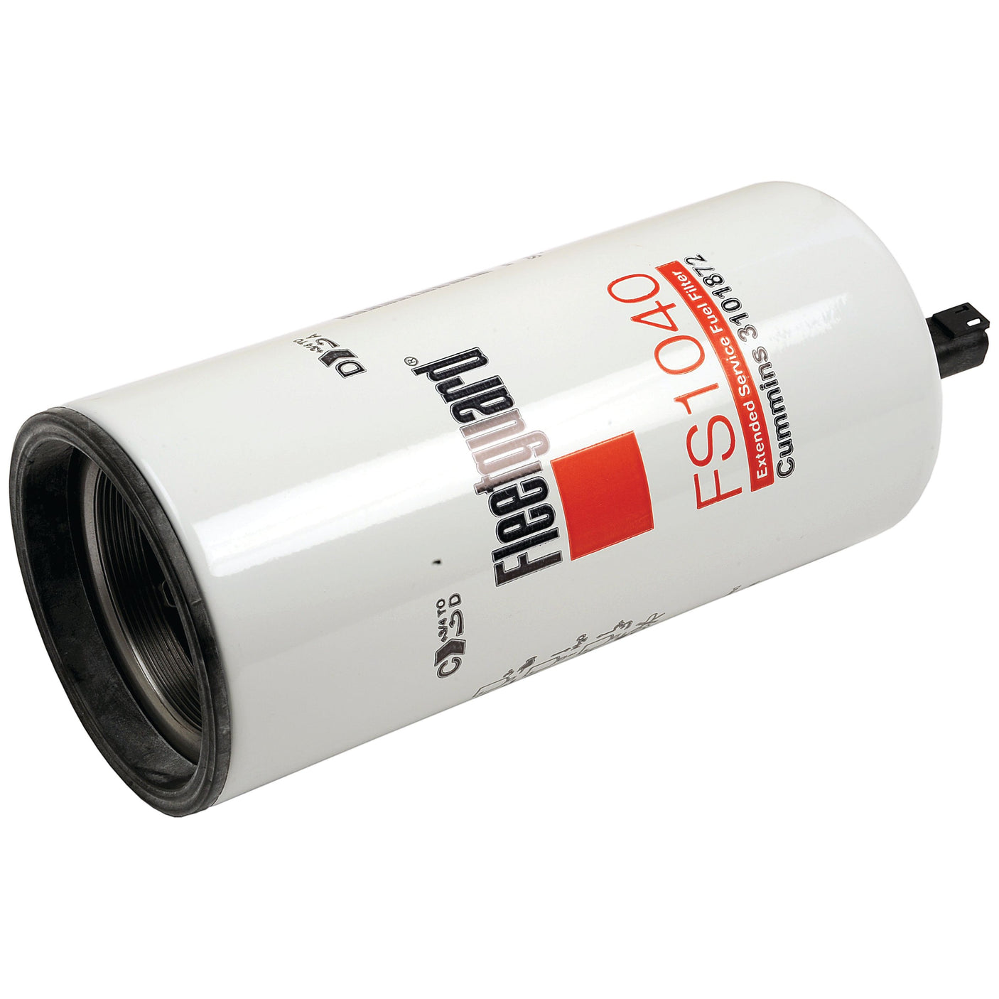 White cylindrical Sparex Fuel Separator - Spin On - FS1040 with a black threaded interior and printed text on the surface, including Cummins 3310812. This high-quality filter, also known by Sparex Part No. S.109111, provides dependable performance similar to Case IH filters.