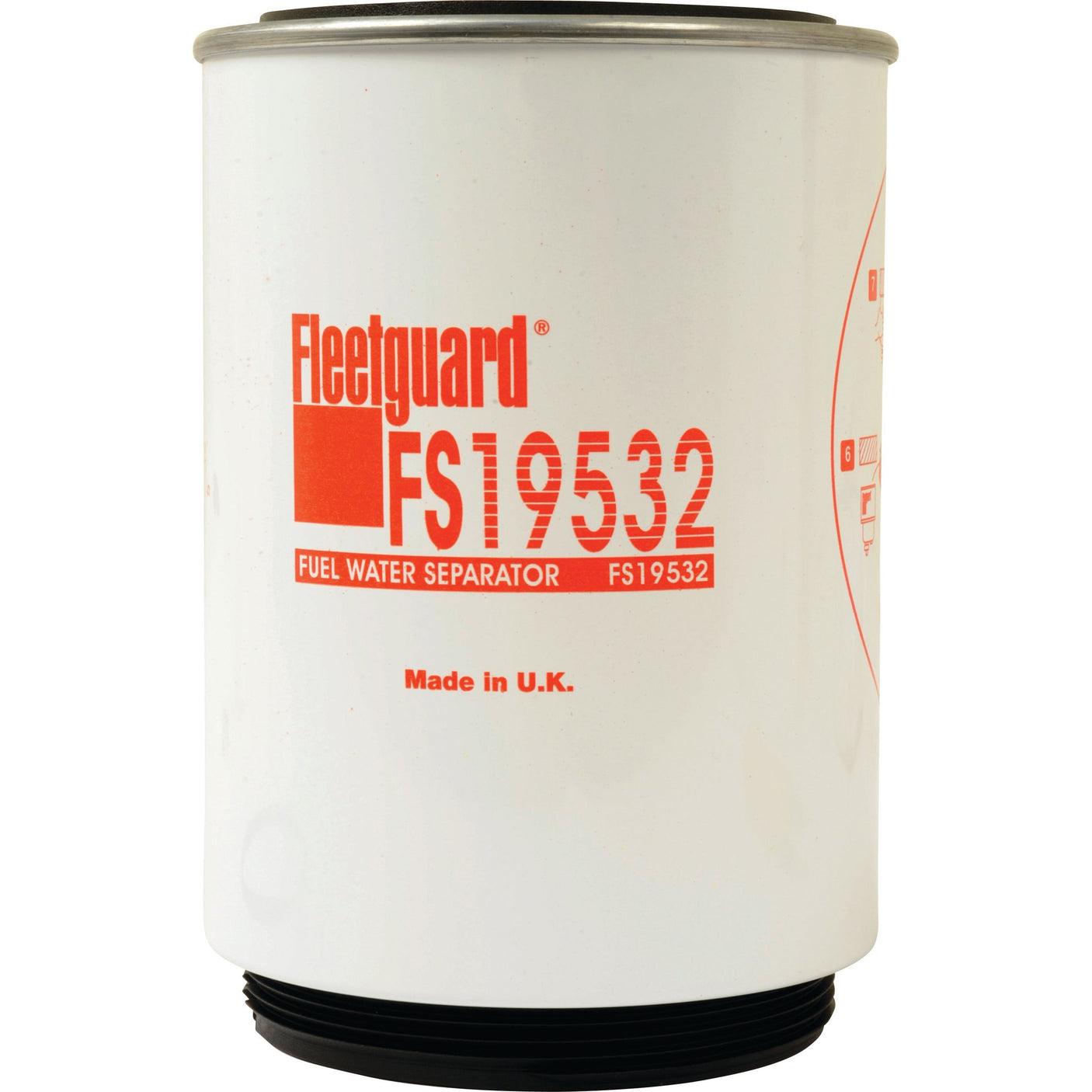 The Sparex Fuel Separator - Spin On - FS19532 (Sparex Part No. S.109125) is a white cylindrical filter with red text and a “Made in the UK” label at the bottom, designed for vehicles such as Claas AXION tractors.