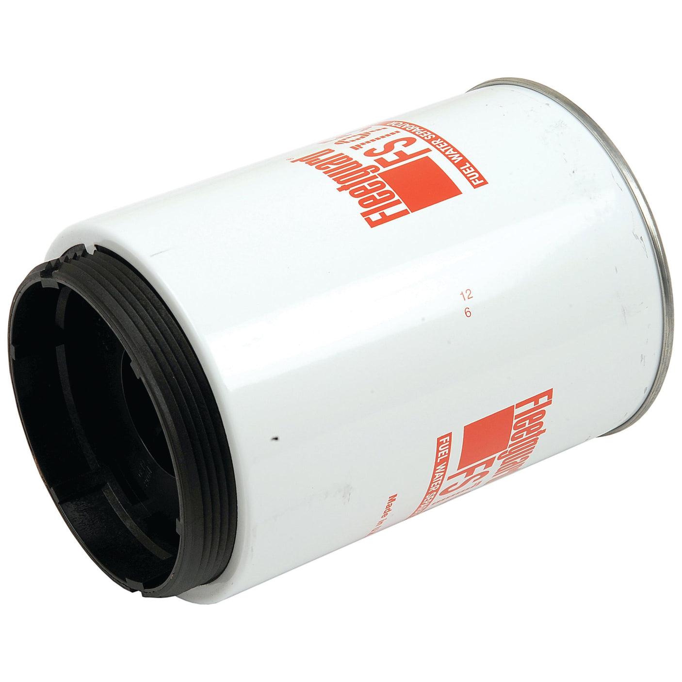 A white cylindrical fuel separator labeled Sparex FS19551, featuring a red and black design, lies on its side against a plain background.