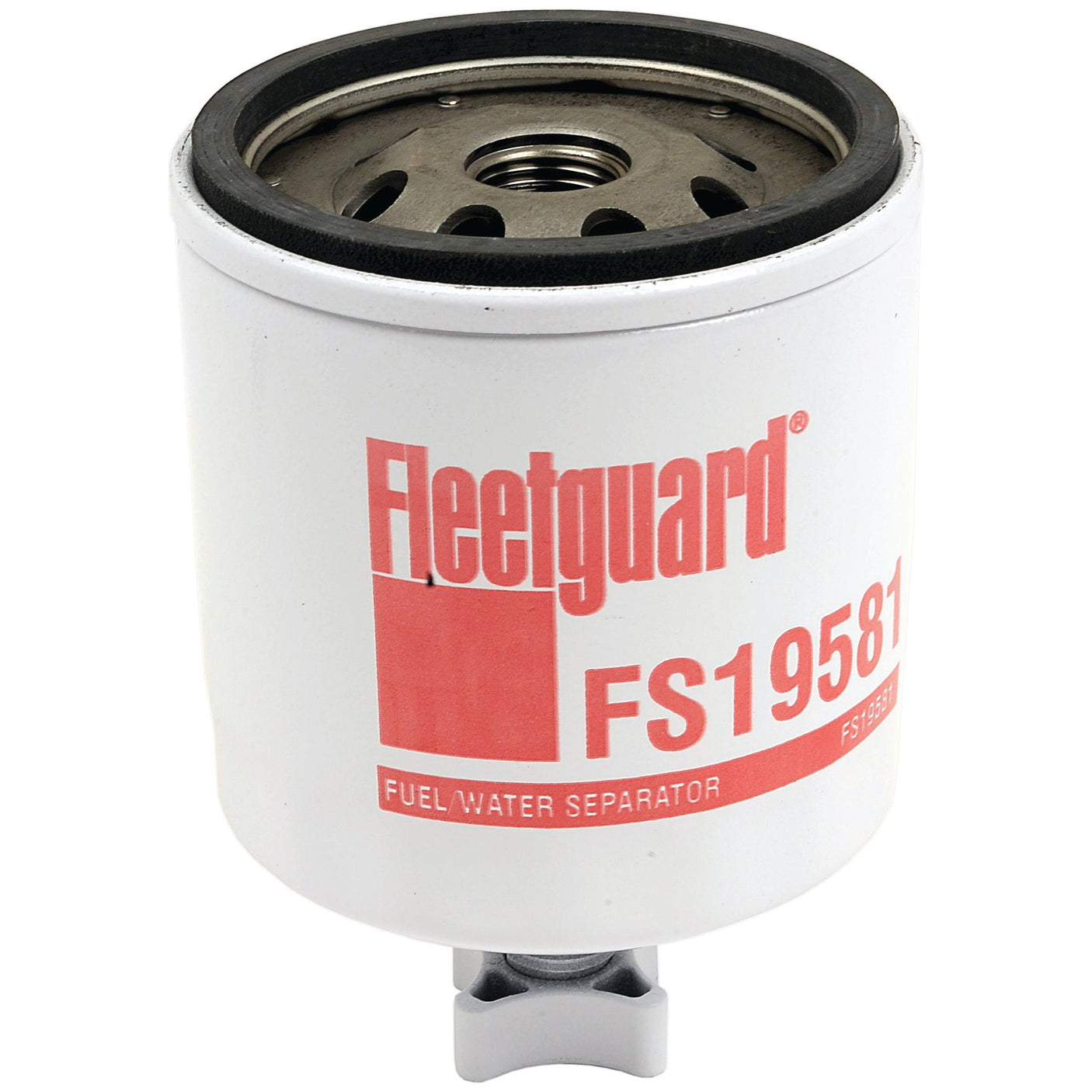 The Sparex Fuel Separator - Spin On - FS19581 (Sparex Part No. S.109133), featuring a white casing and red label, offers compatibility similar to Donaldson Filters P551039, making it an ideal choice for reliable performance.