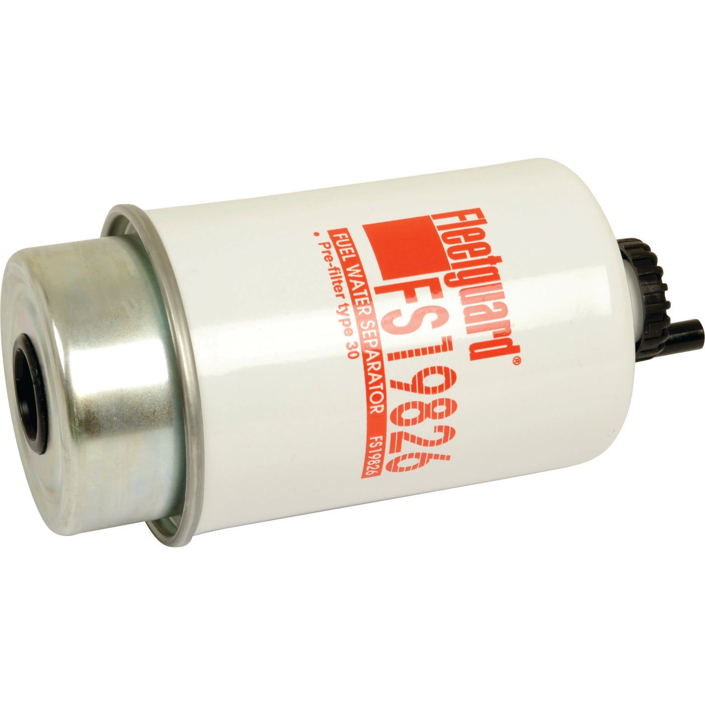 A white cylindrical fuel filter labeled "Sparex Fuel Separator - Element - FS19826 | Sparex Part No. S.109156" in red. The top section features a black plastic connector, showcasing the precision typical of Sparex's range. Ideal for separation needs similar to the FS19624 model from Fleetguard.