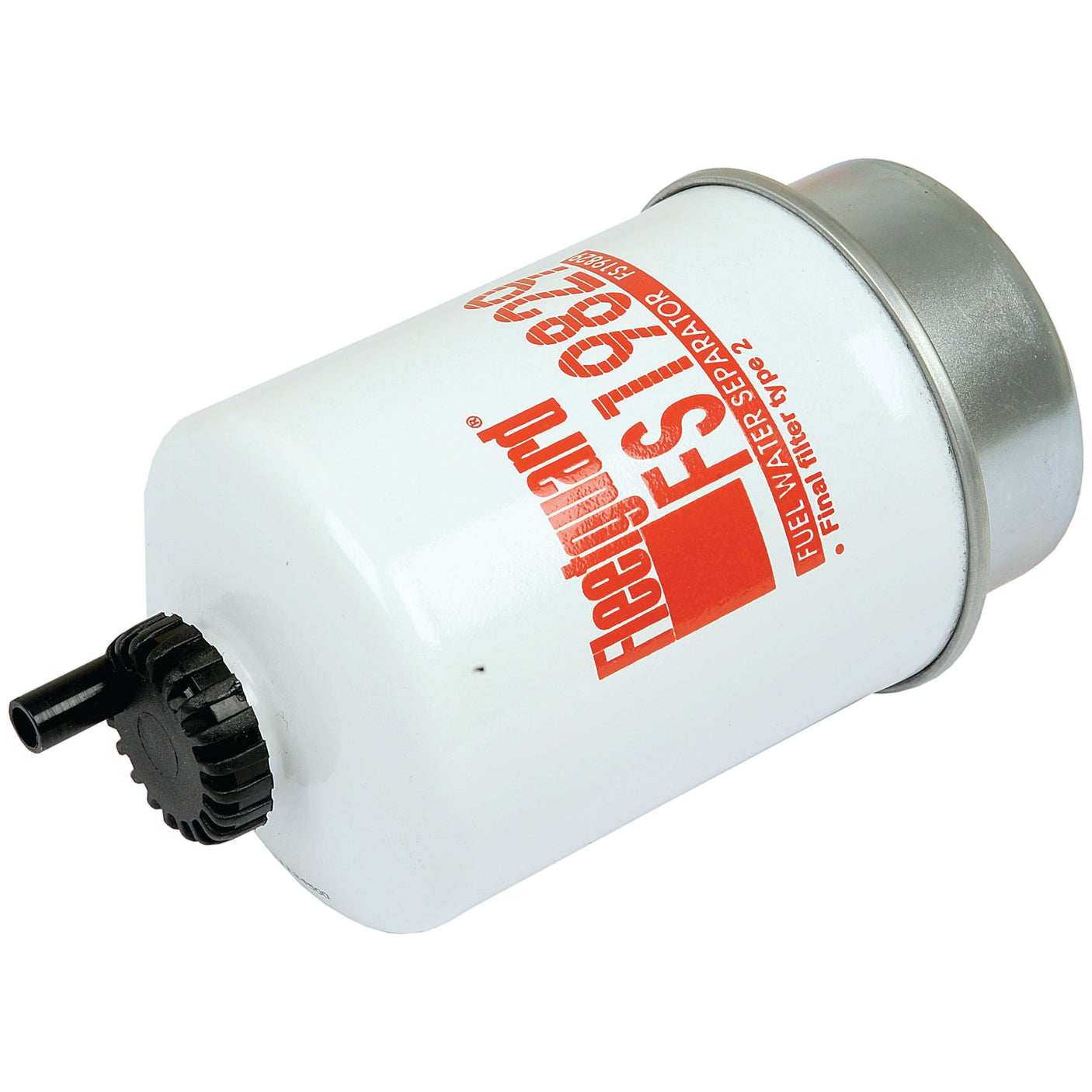 A white cylindrical Sparex Fuel Separator - Element - FS19829 fuel water separator with black and red labeling, featuring a 2 Micron filter element, a black nozzle at the bottom, and a metal top cap.