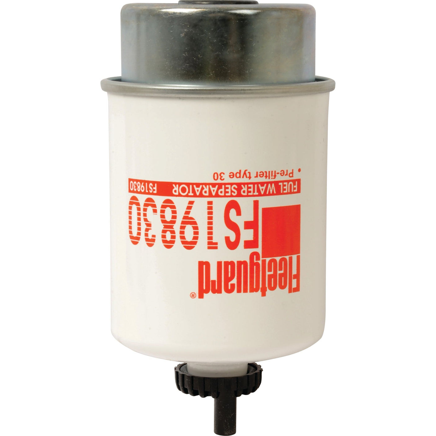 A white Sparex Fuel Separator - Element - FS19830 (Sparex Part No. S.109161) fuel water separator with red lettering and a silver top, perfect for Case IH machinery.