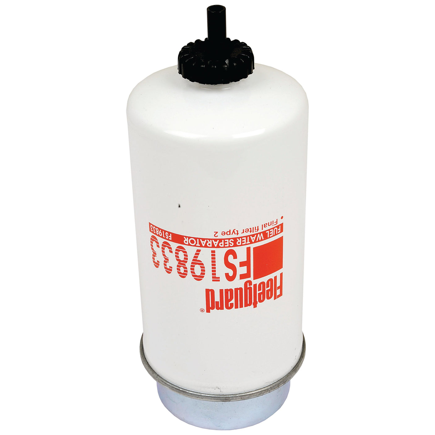 A white diesel fuel filter and water separator with a black top and metallic base, labeled with "Fleetguard FS19833" in red text, compatible with John Deere machinery, from the brand Sparex under the product name Fuel Separator - Element - FS19833 (Sparex Part No. S.109163).