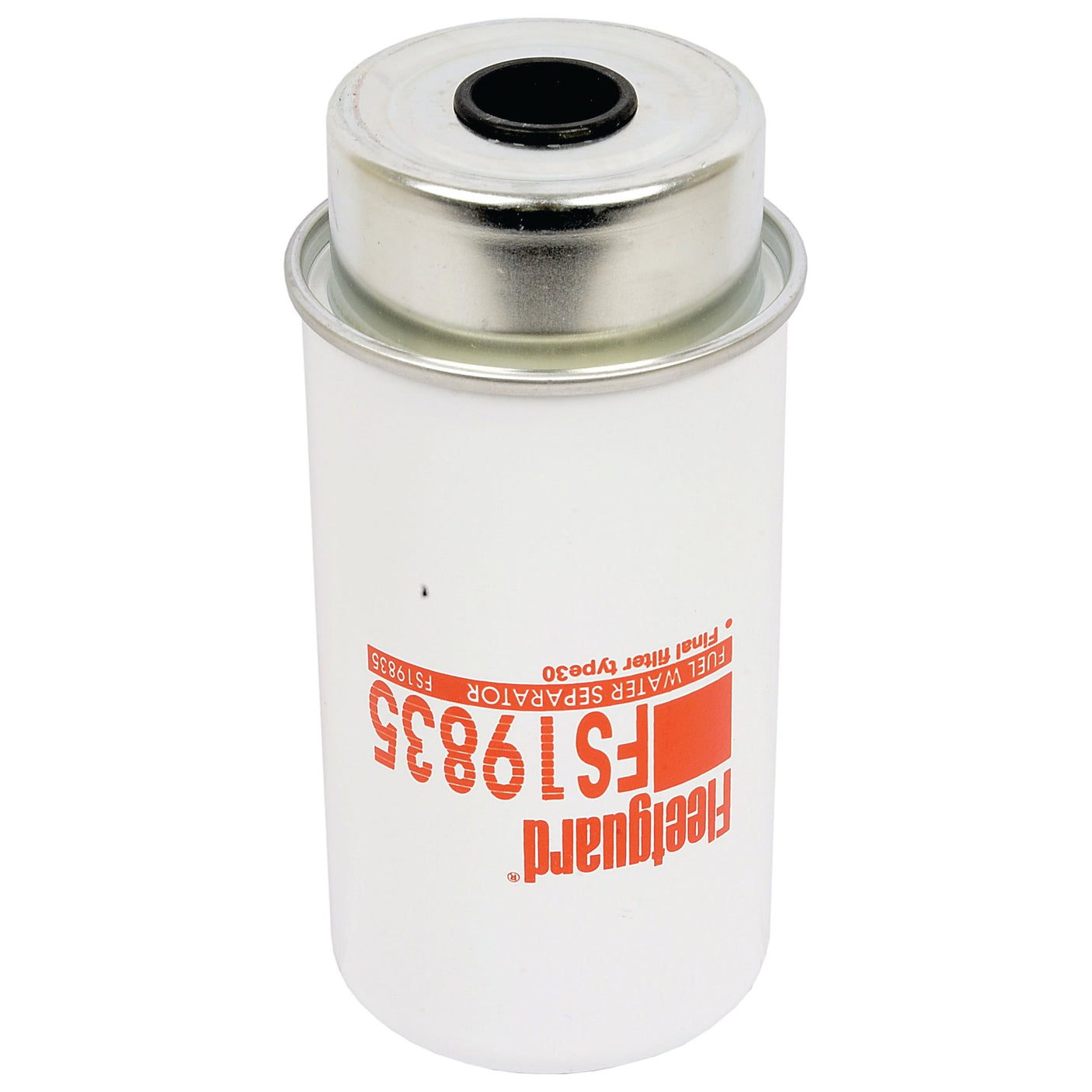 A white cylindrical fuel separator filter, with a metal top and the brand name "Sparex FS19835" in red text, serves as an efficient spin-on fuel separator for John Deere machinery. (Sparex Part No. S.109164)