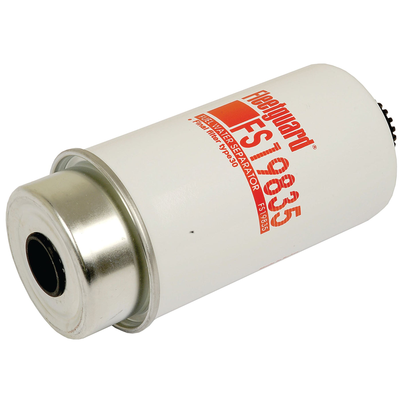 A white Sparex Fuel Separator - Spin On - FS19835 (Sparex Part No.S.109164) with red text branding, is designed for efficient fuel-water separation. Ideal for John Deere equipment, this Sparex filter ensures optimal performance and protection.