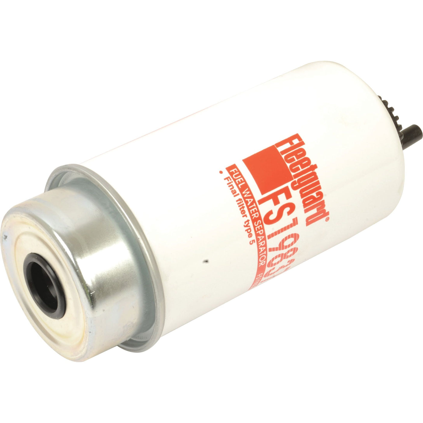 A white cylindrical fuel/water separator filter with a metal bottom and a black rubber gasket. The filter has the Sparex brand and the model number FS19837 printed in red and black text, marketed as Fuel Separator - Element - FS19837 | Sparex Part No.S.109166, ideal for Case IH MXM models.