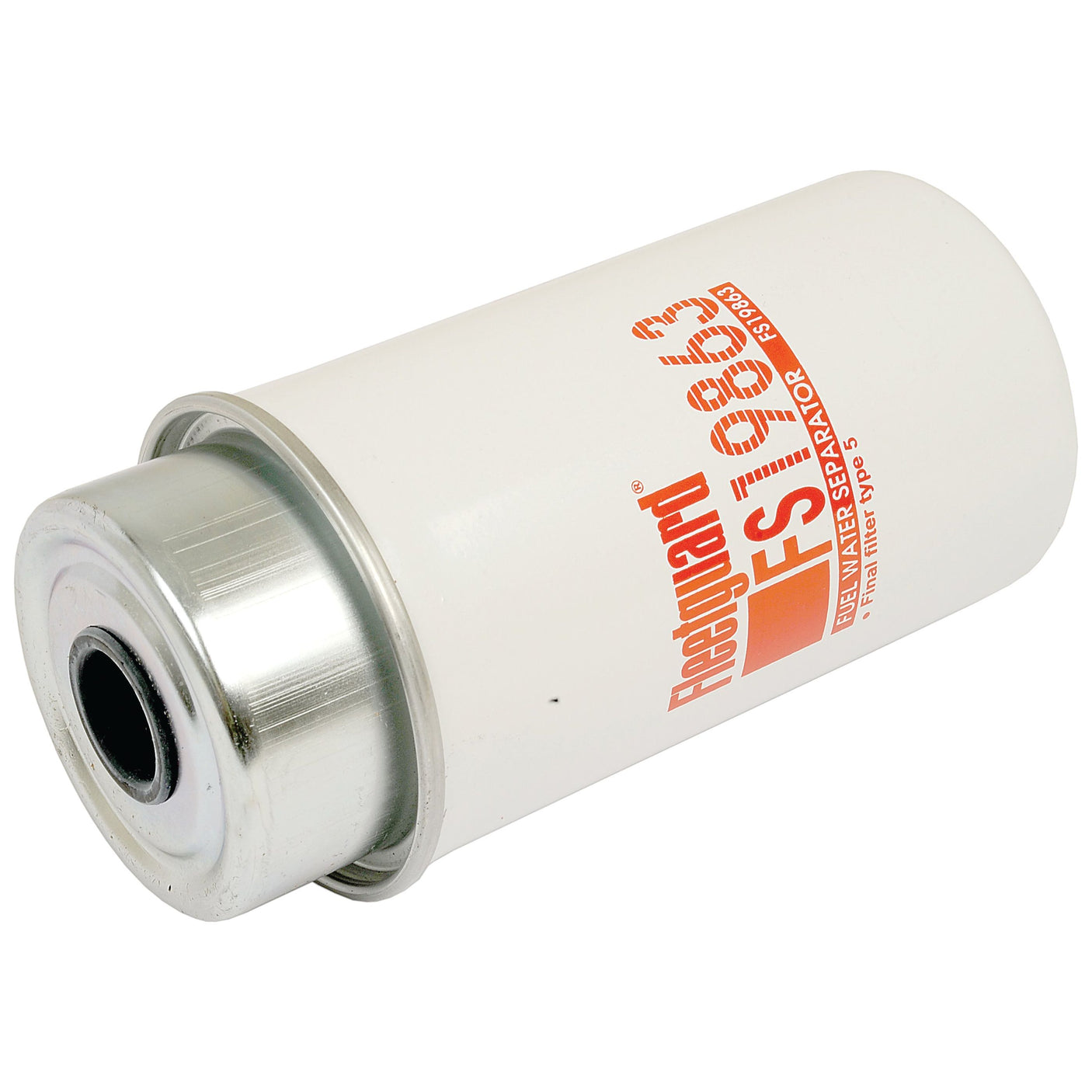 A cylindrical fuel filter with a white exterior, labeled "Fuel Separator - Spin On - FS19863" in bold red and black text, branded Sparex.