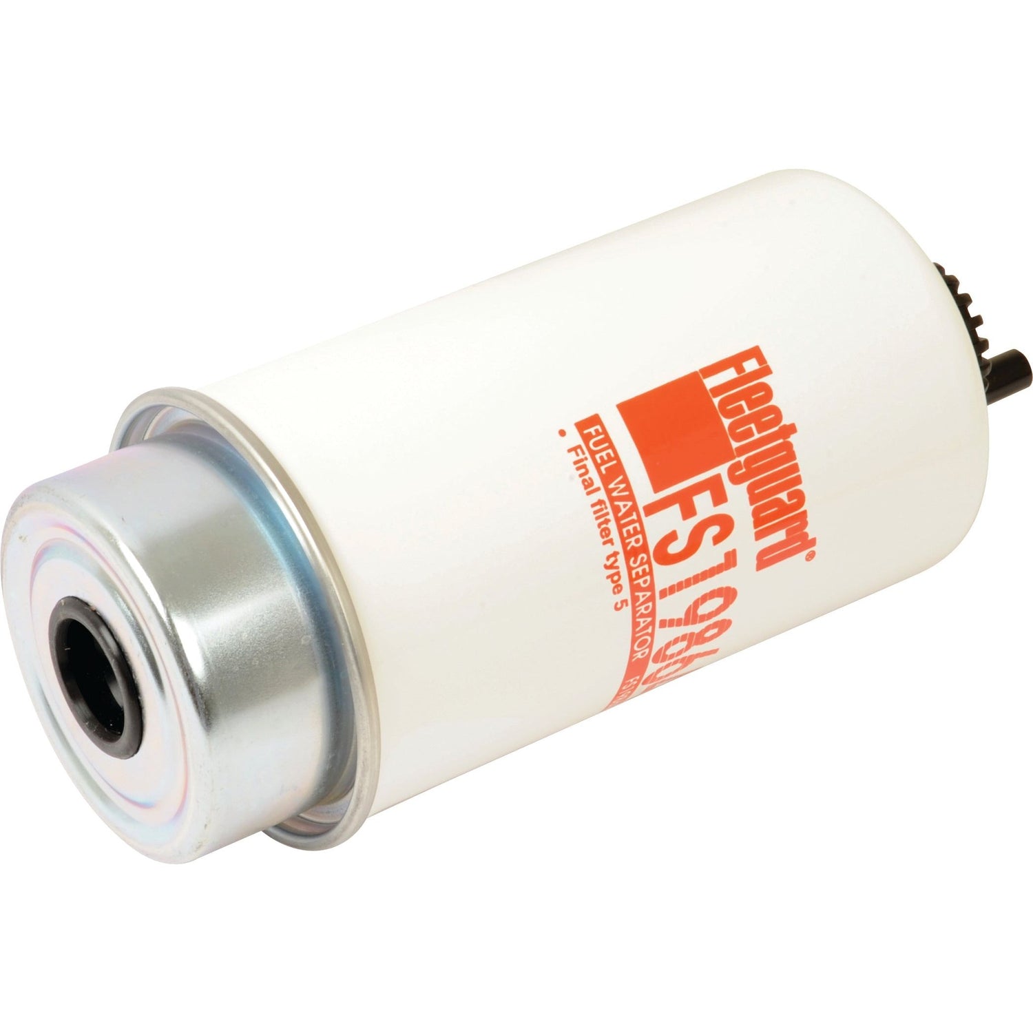 Image of a Sparex Fuel Separator - Spin On FS19864 (Sparex Part No. S.109170) showcasing visible text and part details. The filter is cylindrical with a metallic base and white body featuring red labeling, designed as a high-efficiency fuel separator with a micron rating of 5.