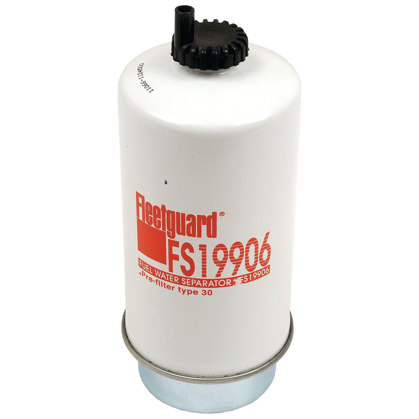 A white Sparex Fuel Separator - Element - FS19906 (Sparex Part No. S.109171) with a black cap and red text on the body, designed for filtering fuel in automotive applications, including John Deere equipment.